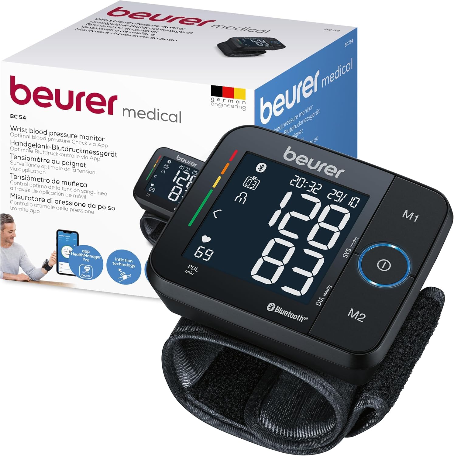 Beurer BC 54 wrist blood pressure monitor with inflation technology, coloured risk indicator, arrhythmia detection, wrist circumference 13.5-21.5 cm, with app, data transfer to Apple Health and co.