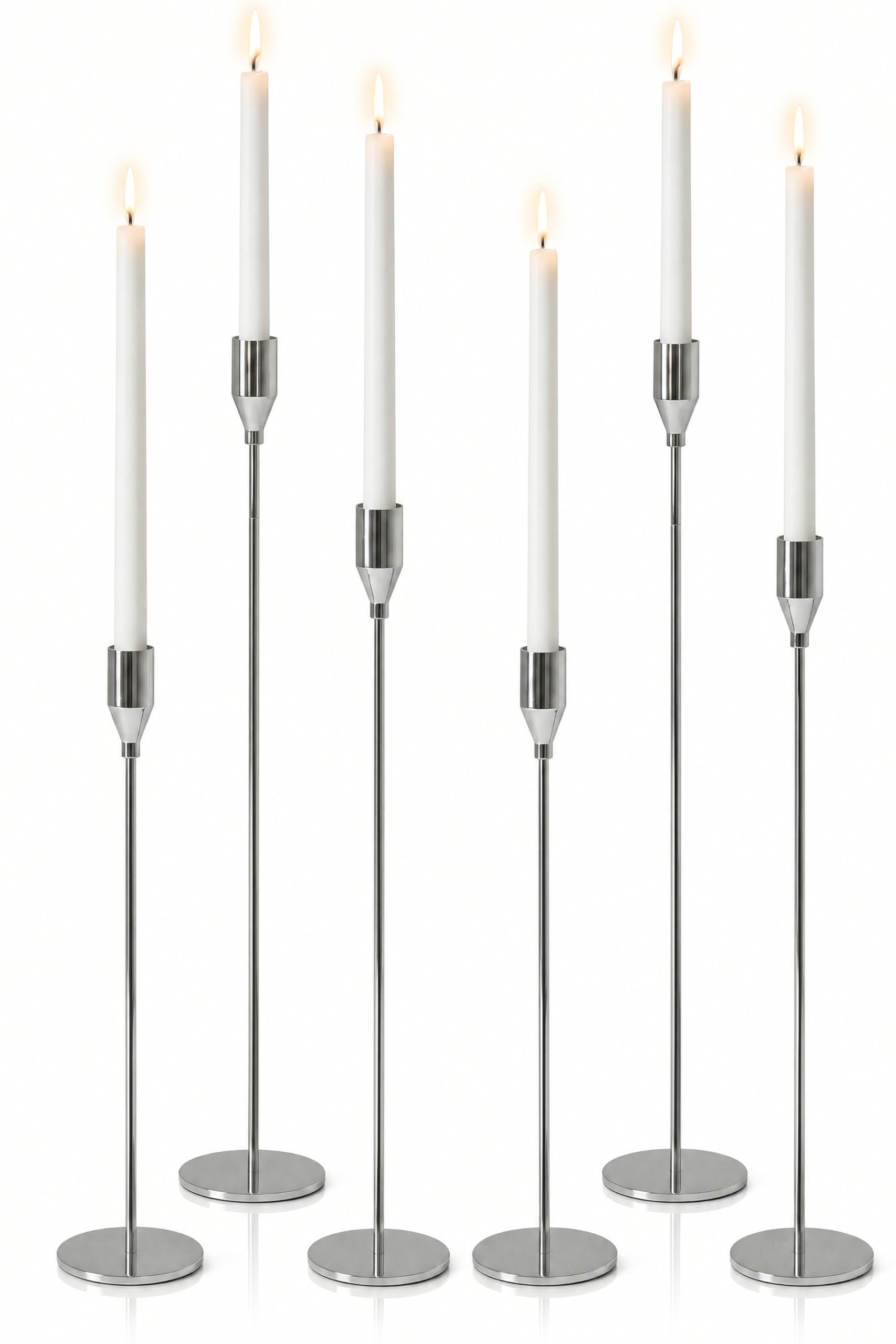 Bougeoirs coniques argentés Lot de 6 grands chandeliers en fer lourd avec base antidérapante