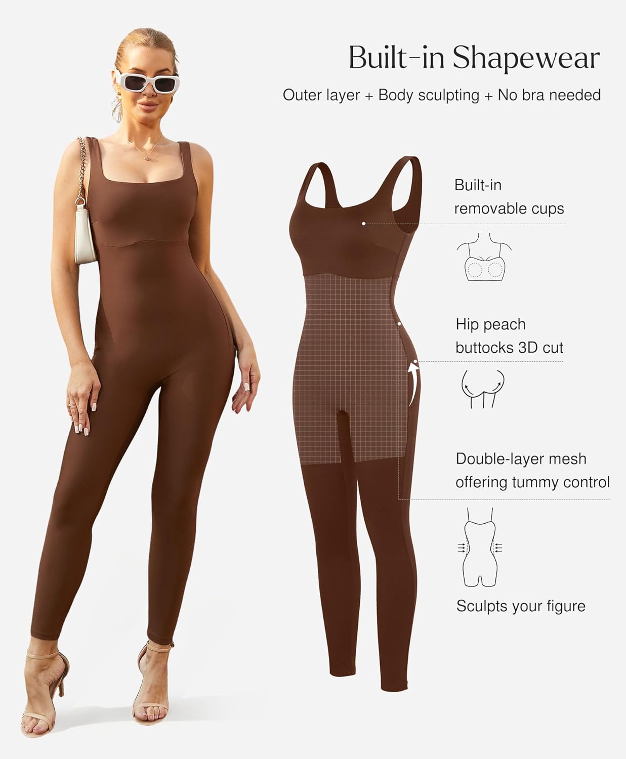 Popilush Shapewear Jumpsuits for Women Built-in Bra Tummy Control Bodysuit Square Neck Sport Romper Summer Outfit - Image 3