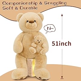 MorisMos 51 Inch Giant Teddy Bear, Big Mommy with Baby Bear Stuffed Animal Plush Gifts on Baby Shower, Brown