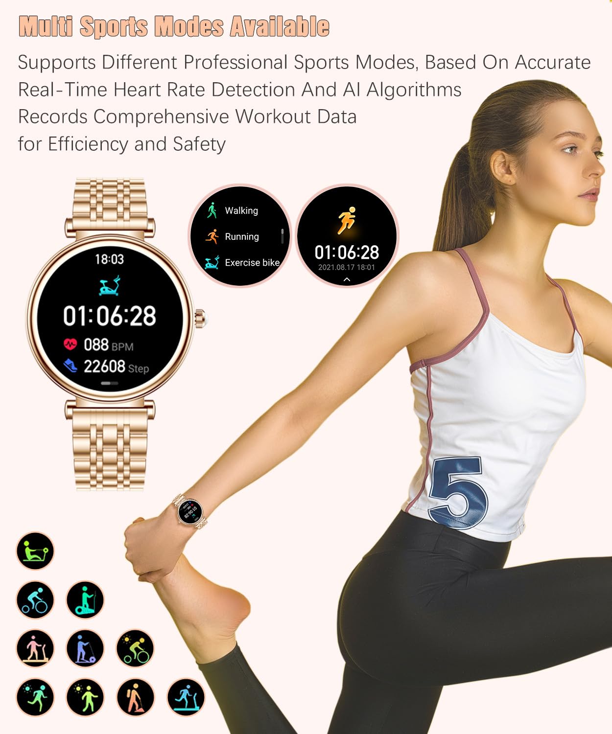Or Rose Smartwatch pour Femmes Écran Couleur 1,27 Tracker d’Activité Étanche, Moniteur de Fréquence Cardiaque et Sommeil, Compatible Android et iOS (Or Rose)