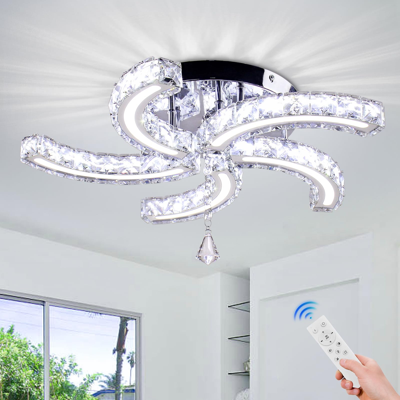 19,7” Lampadari di cristallo dimmerabili Moderna plafoniera di cristallo Acrilico 5 bracci Led Lampada da soffitto a incasso per sala da pranzo Soggiorno Camera da letto corridoio