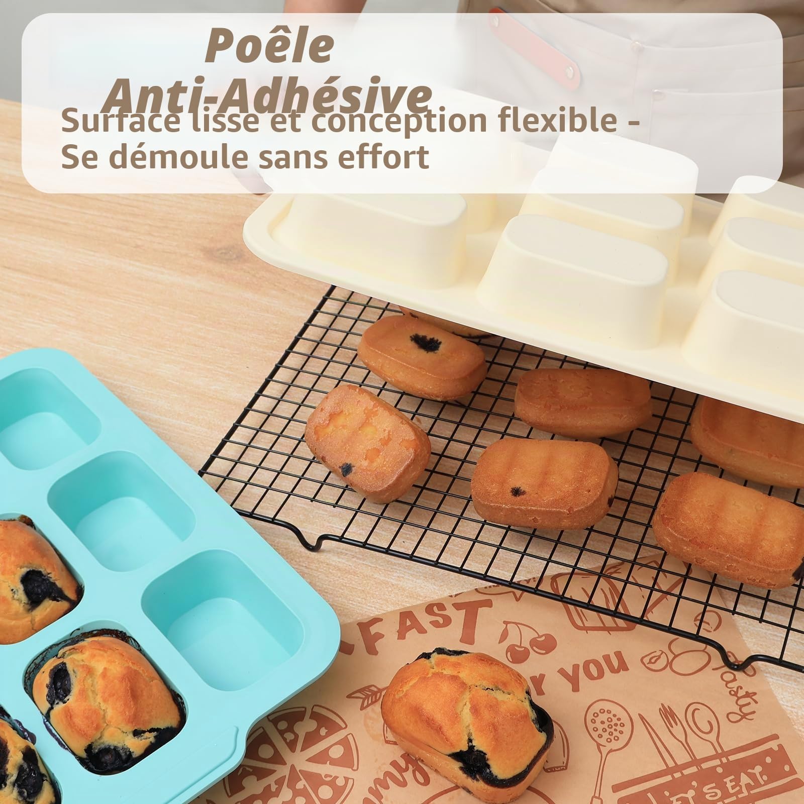 Moule Mini Cake Silicone: 2 Pièces Moule à Mini Cake avec Poignées - Antiadhésif Moules Gâteau Enfant pour Brownie/Pain/Pâtisserie Cuisson (Vert menthe & Beige)