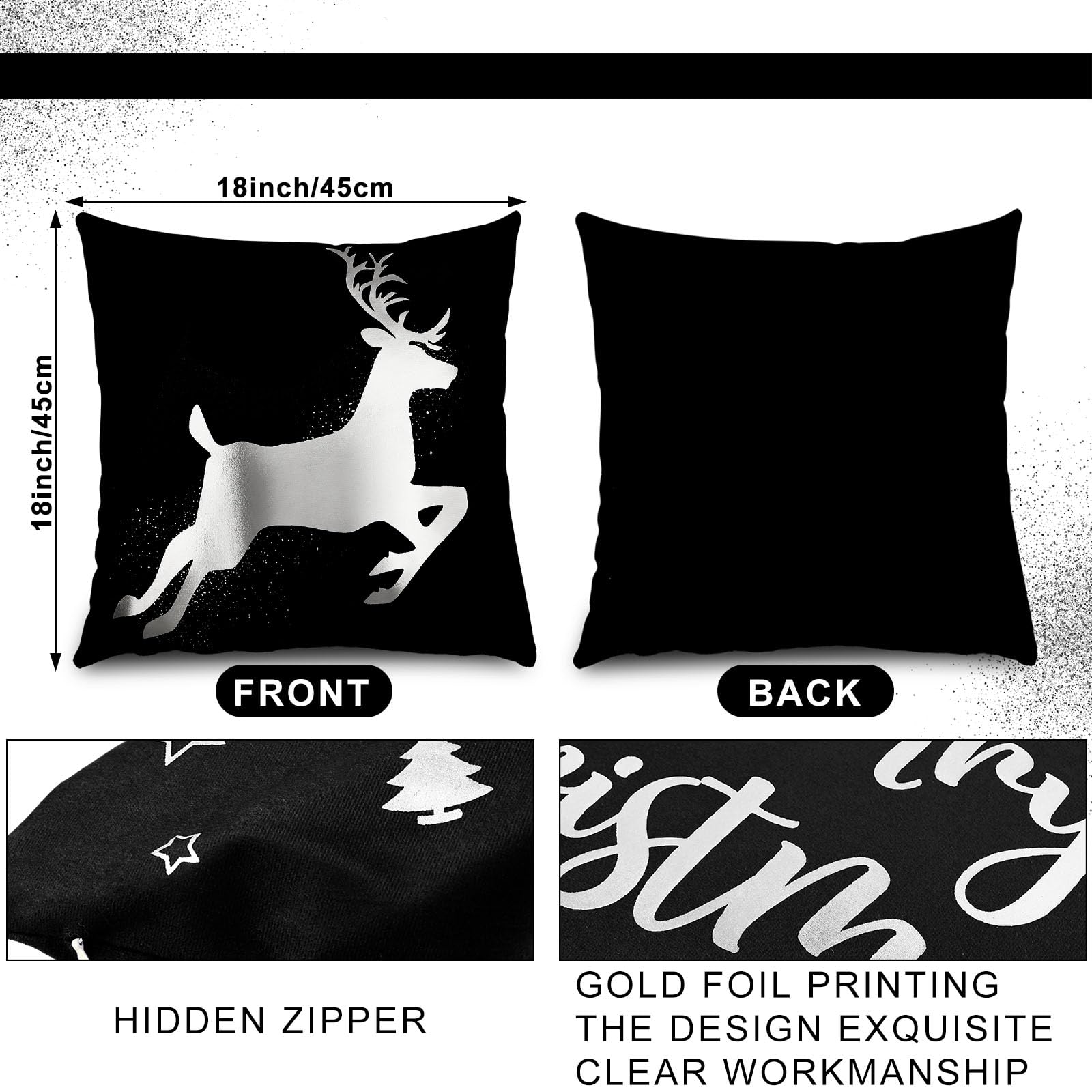 6 Pcs Housses de Coussin de Noël Taies d'oreiller Joyeux Noël Housses d'oreiller en Peluche pour Décoration d'hiver Vacances Canapé Sofa Bureau Chambre 45 x 45 cm (Noir, Argent)