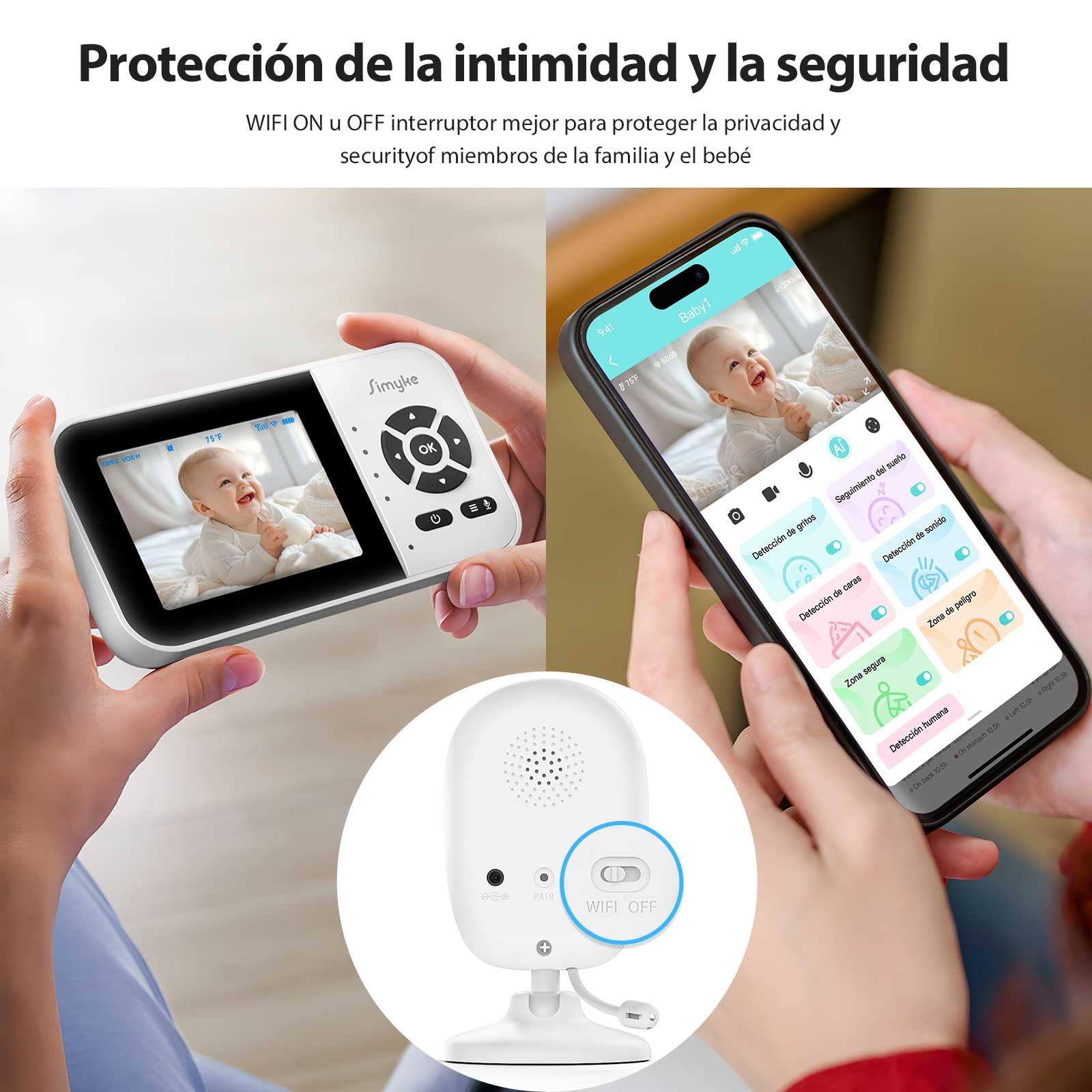 Monitor de Bebé Inteligente con Cámara y Audio, Modo Doble, Interruptor WiFi, Pantalla de 2.8 Pulgadas, App, Cámara 1080p, Alcance de 450 Metros, Visión Nocturna, Comunicación Bidireccional