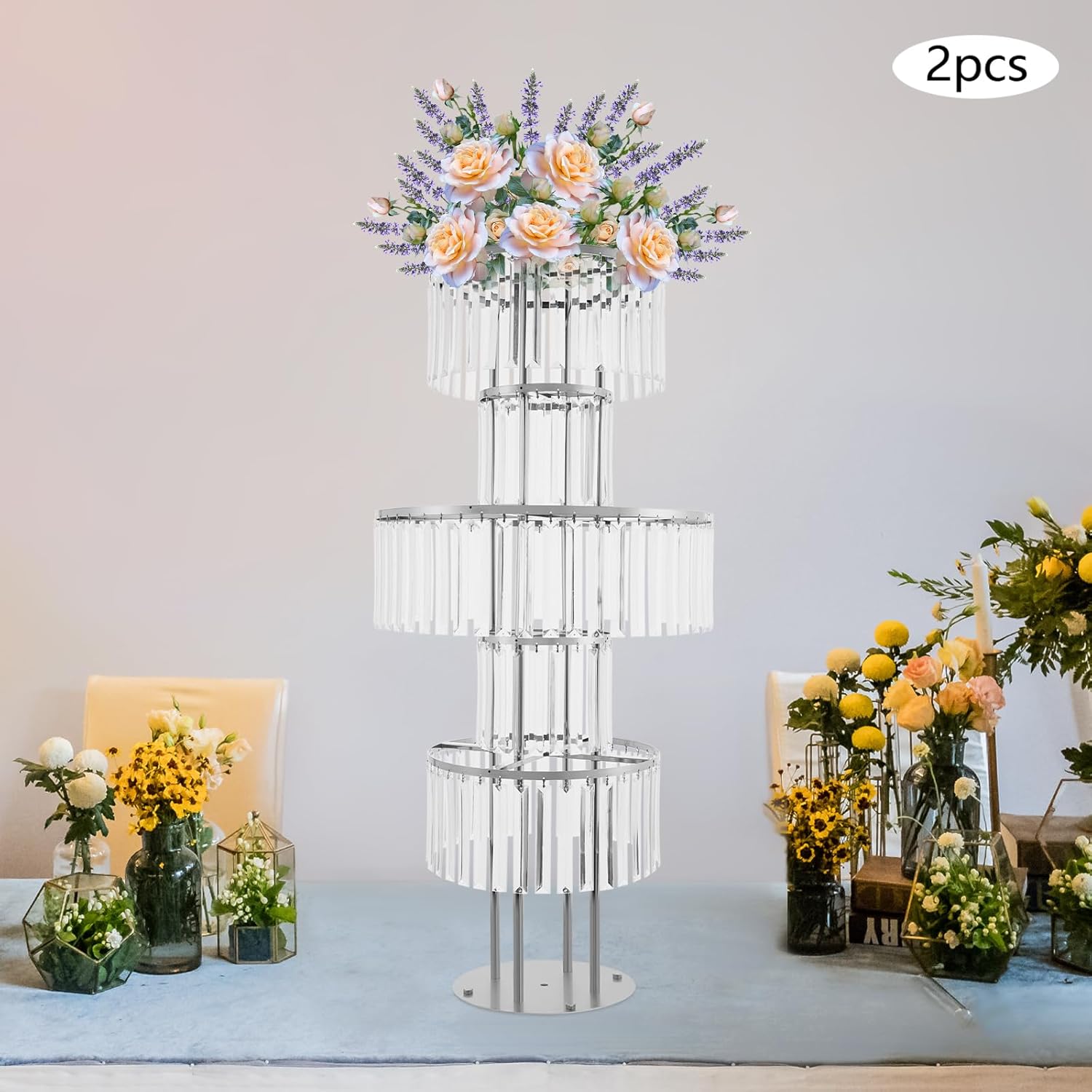 2Pcs 5 Tier Table Chandelier Centerpiece, 43.3 Inch Round Crystal Vase Stands for Wedding Birthday Party, Hotel Decor (Silver)