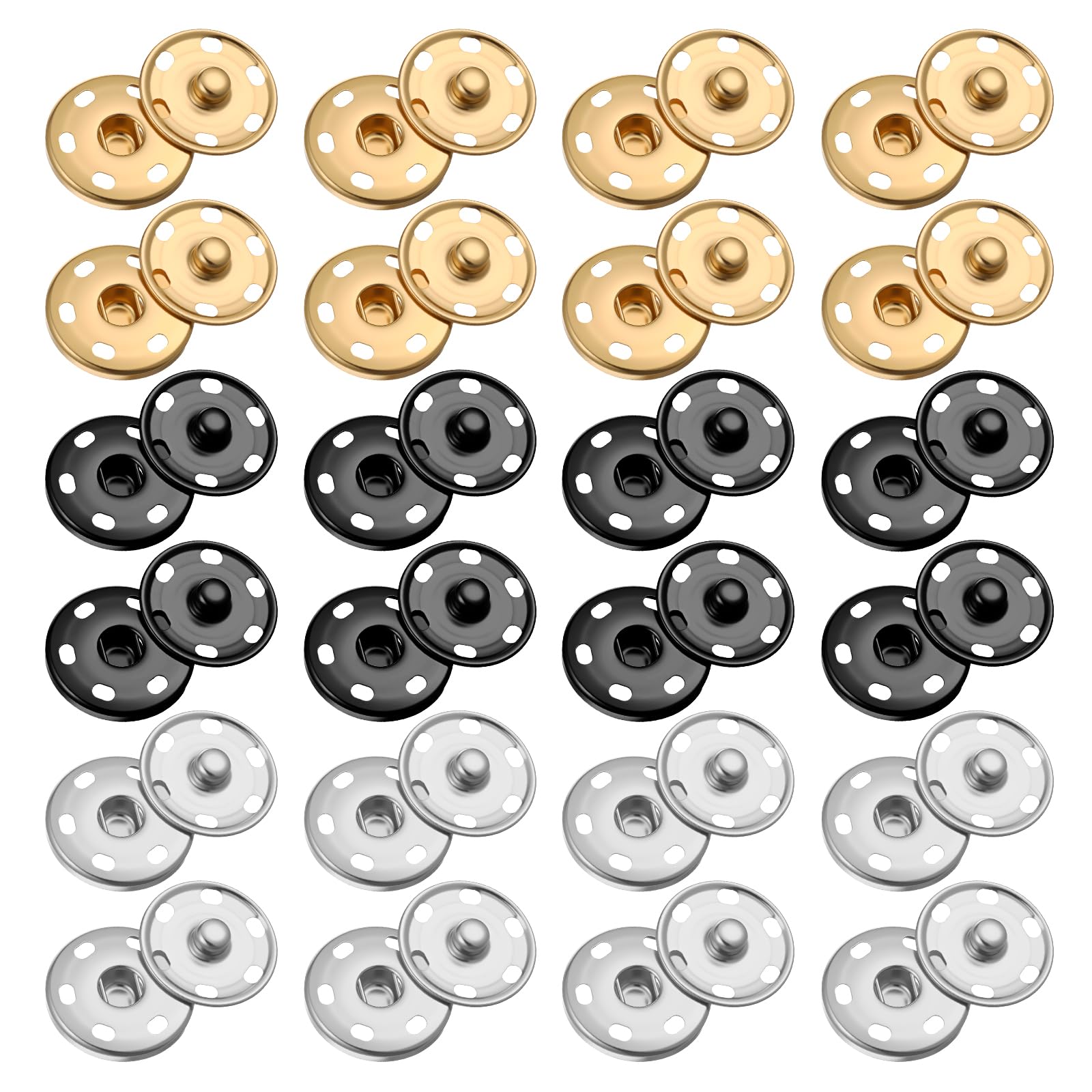 Photo 1 of 1 Inch/25 mm Snaps for Sewing, 24 Sets Large Sew-on Snap Buttons Sewing Snaps for Fabric Metal Snap Fasteners Press Studs Buttons for Repairing Clothing (Gold, Black, Silver)