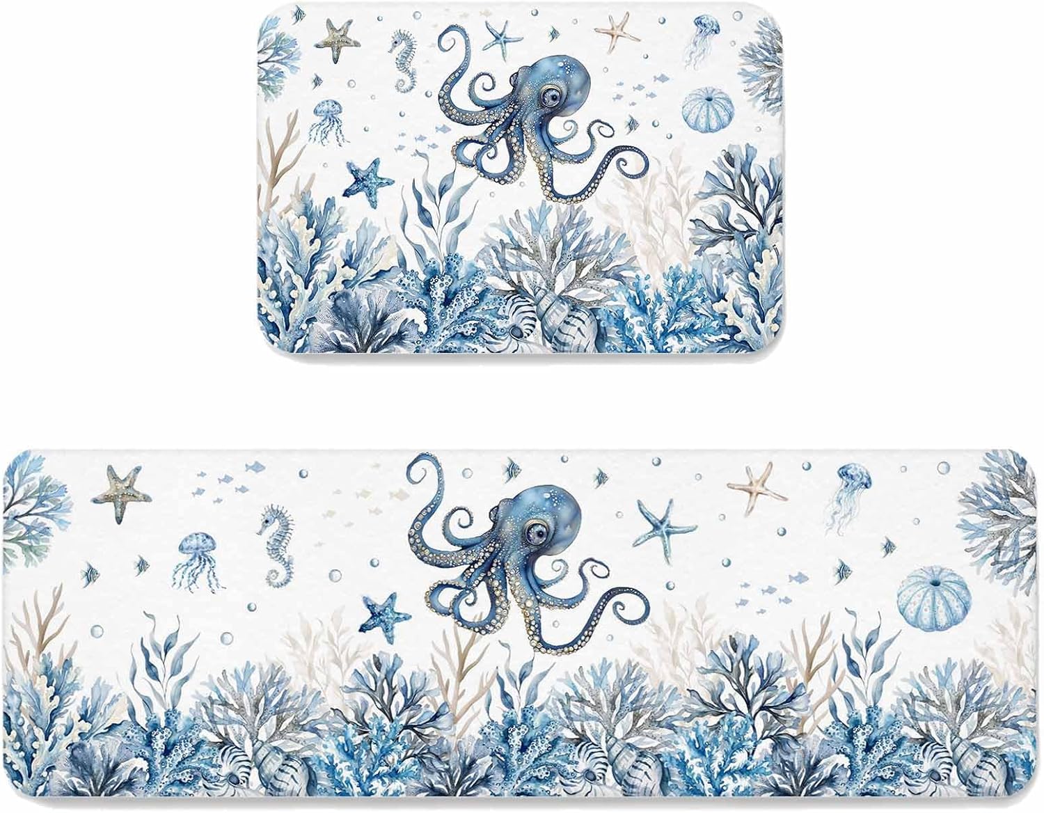 Marine Life Kitchen Mats Set of 2 Ocean Octopus Coral Sea Star Seashell Jellyfish Coastal Non Slip Mat Washable Floor Rug for Kitchen Sink Floor Laundry, 20"x24"+20"x48"