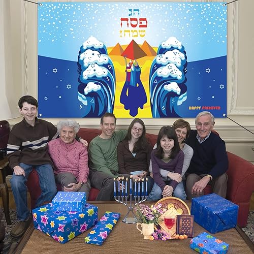 Miniatura 4 de Nepnuser Fondo de pared para cabina de fotos con texto en inglés "Happy Passover", diseño de Moisés judío, partición del mar rojo, para interiores y