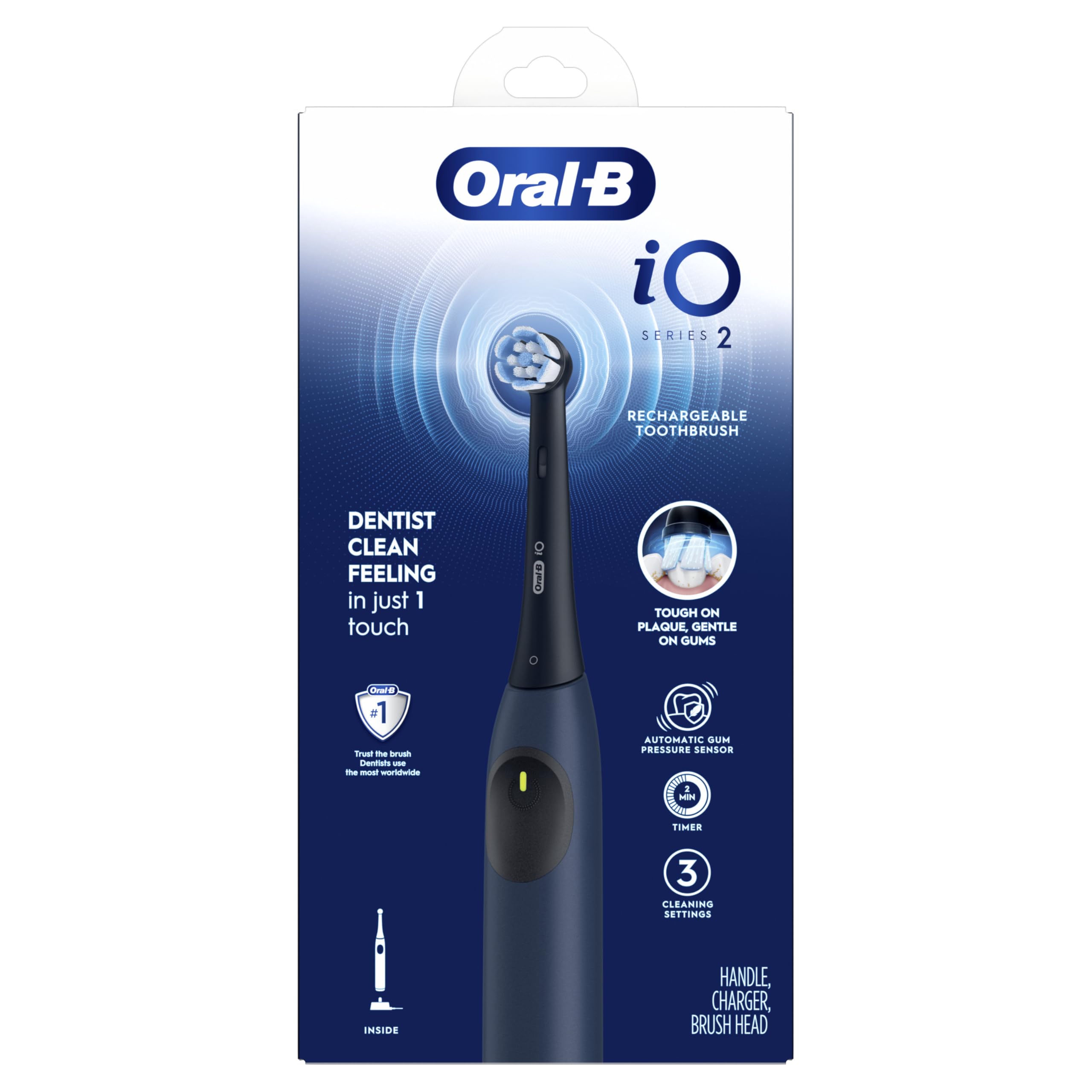 Oral-B iO Cepillo de dientes eléctrico, serie 2, recargable, azul oscuro con 1 cabezal de cepillo de cuidado suave, sensor de presión automático para proteger las encías, 3 modos, temporizador de 2