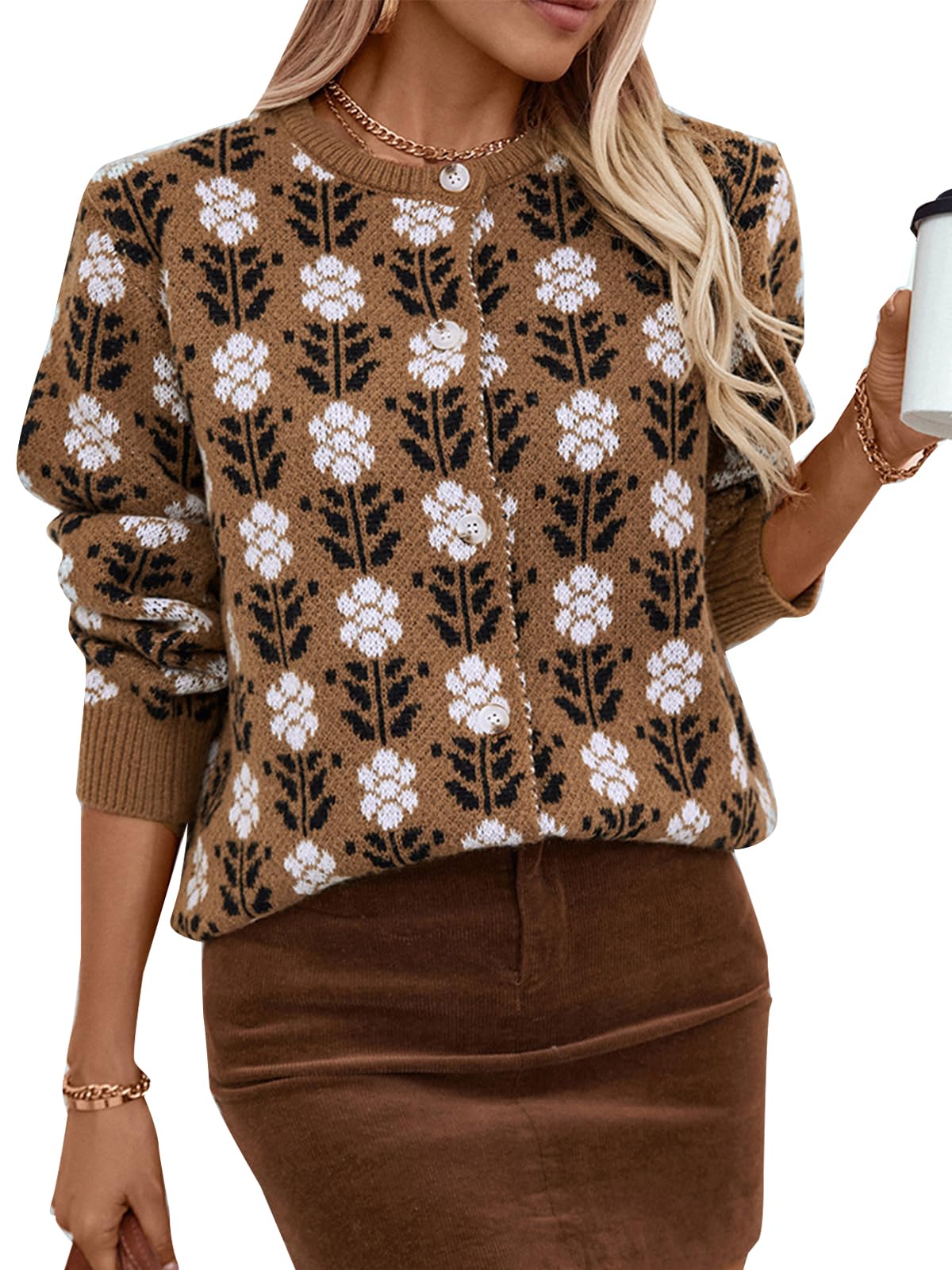 Les umes Cardigan for Women Long Sleeve Button Down Sweater Vintage Floral Knit Jackets Casual Crewneck Tops