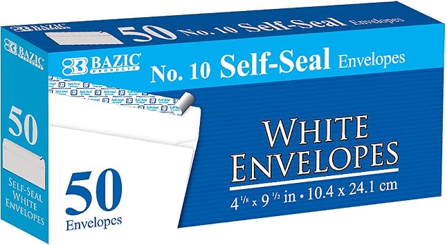 BAZIC Self Seal White Envelope 4 1/8" x 9 1/2" #10, No Window Mailing Envelopes, Peel & Seal Mailer for Business Invoice Check 50/Pack, 1-Pack