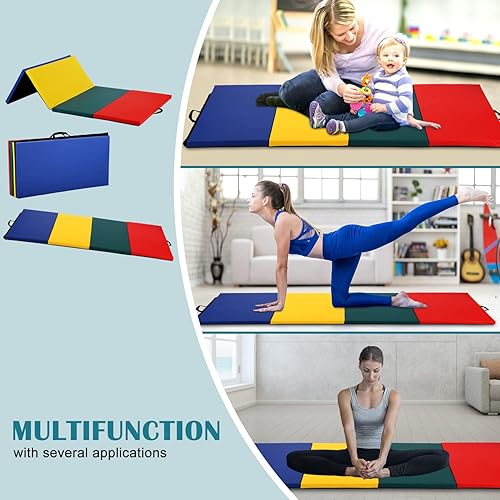 Miniatura 7 de Colchoneta de gimnasia para niños y adultos, plegable, extragruesa, con asa de transporte, 6 x 2 pies, antidesgarros, ligera, esterilla de ejercicio