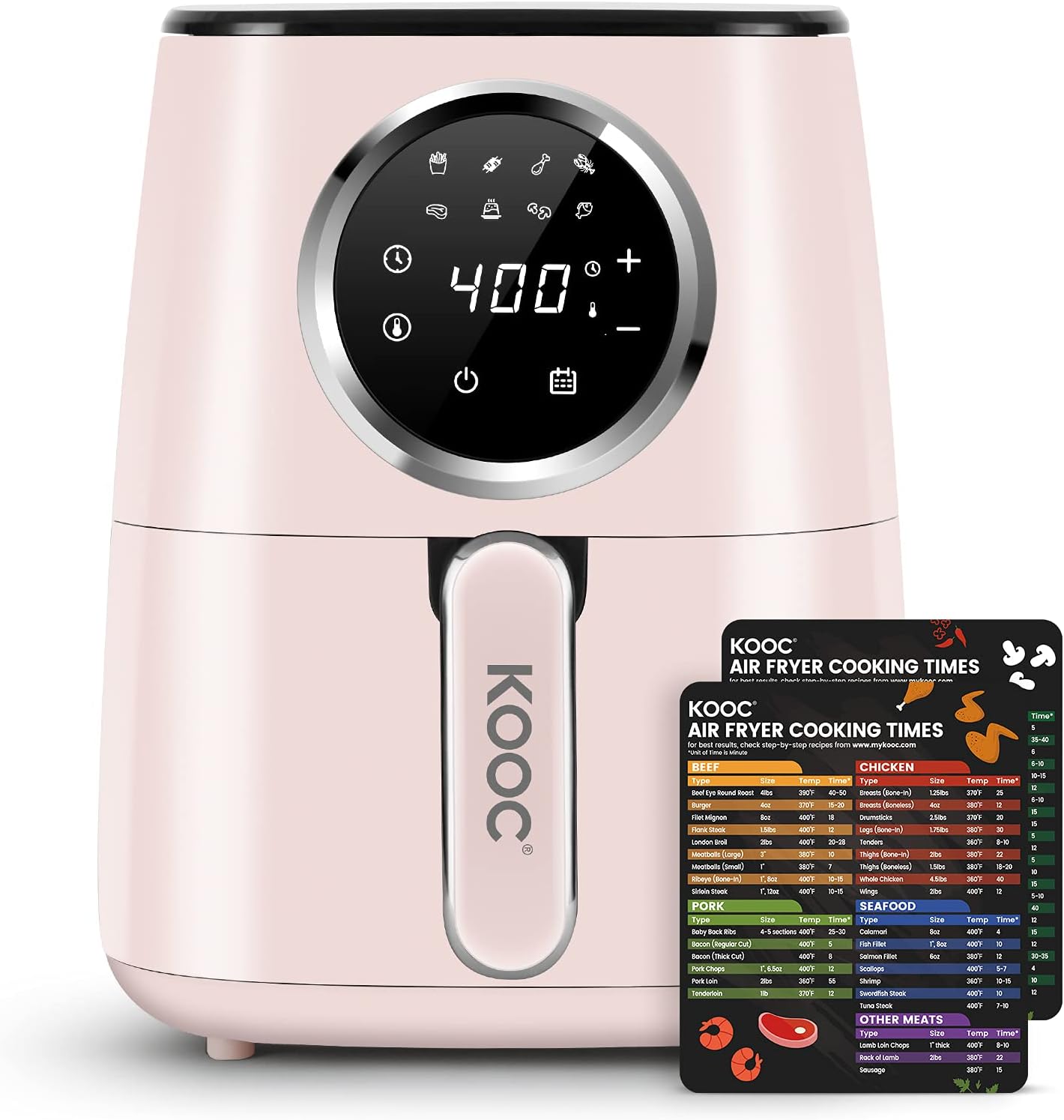 [NEW] KOOC Large Air Fryer, 4.5-Quart Electric Hot Oven Cooker, Free Cheat Sheet for Quick Reference Guide, LED Touch Digital Screen, 8 in 1, Customized Temp/Time, Nonstick Basket, Pink