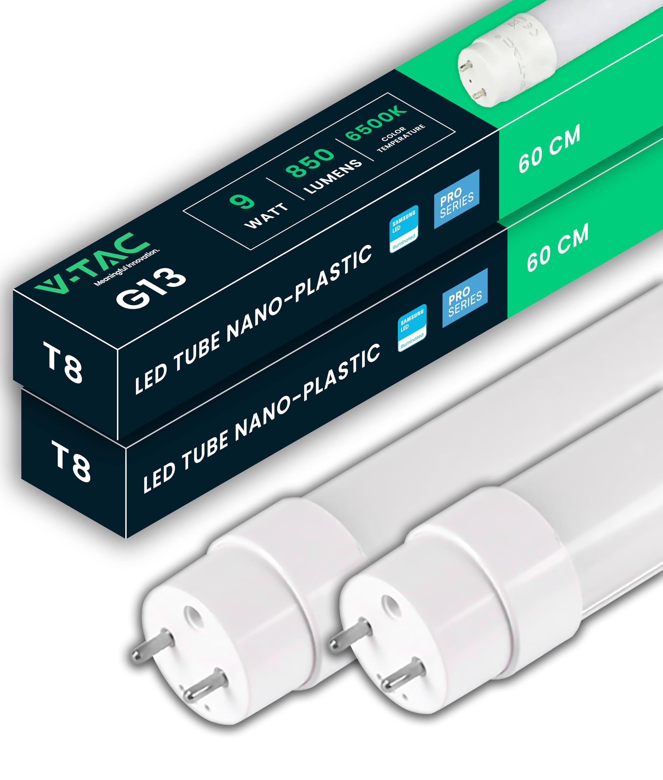 V-TAC 2x LED Röhre 60 CM - T8 - G13 -Fassung 7,5W - 850 Lumen - Samsung Chip - LED-Röhren für Decke, Wand, Garage, Geschäft - T8 Röhre - Ersatz für Neonröhren - Licht Kaltweiß 6500K