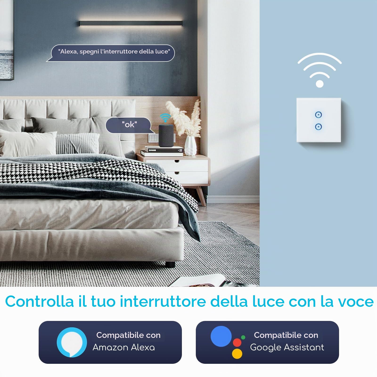Aigostar - Interruttore a Parete WIFI con Pannello in Vetro Touch Screen a 2 Interruttore, Compatibile con ALEXA e GOOGLE HOME, controllo vocale e funzione Timer 1 Pezzi Color Bianco