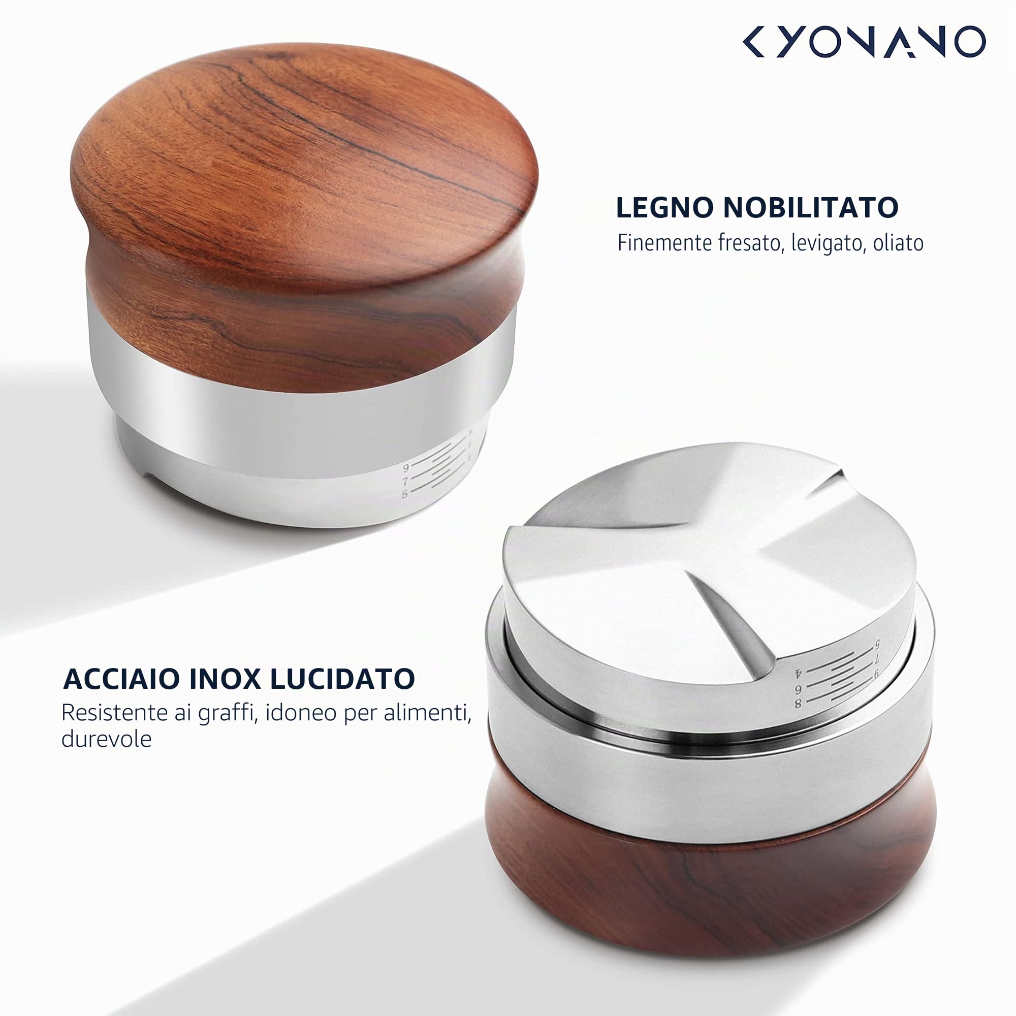 KYONANO Distributore caffè 51 mm, strumento di compensazione espresso, distribuisce uniformemente la polvere di caffè sul tamper, strumento barista, realizzato in legno Huanghua, altezza regolabile da