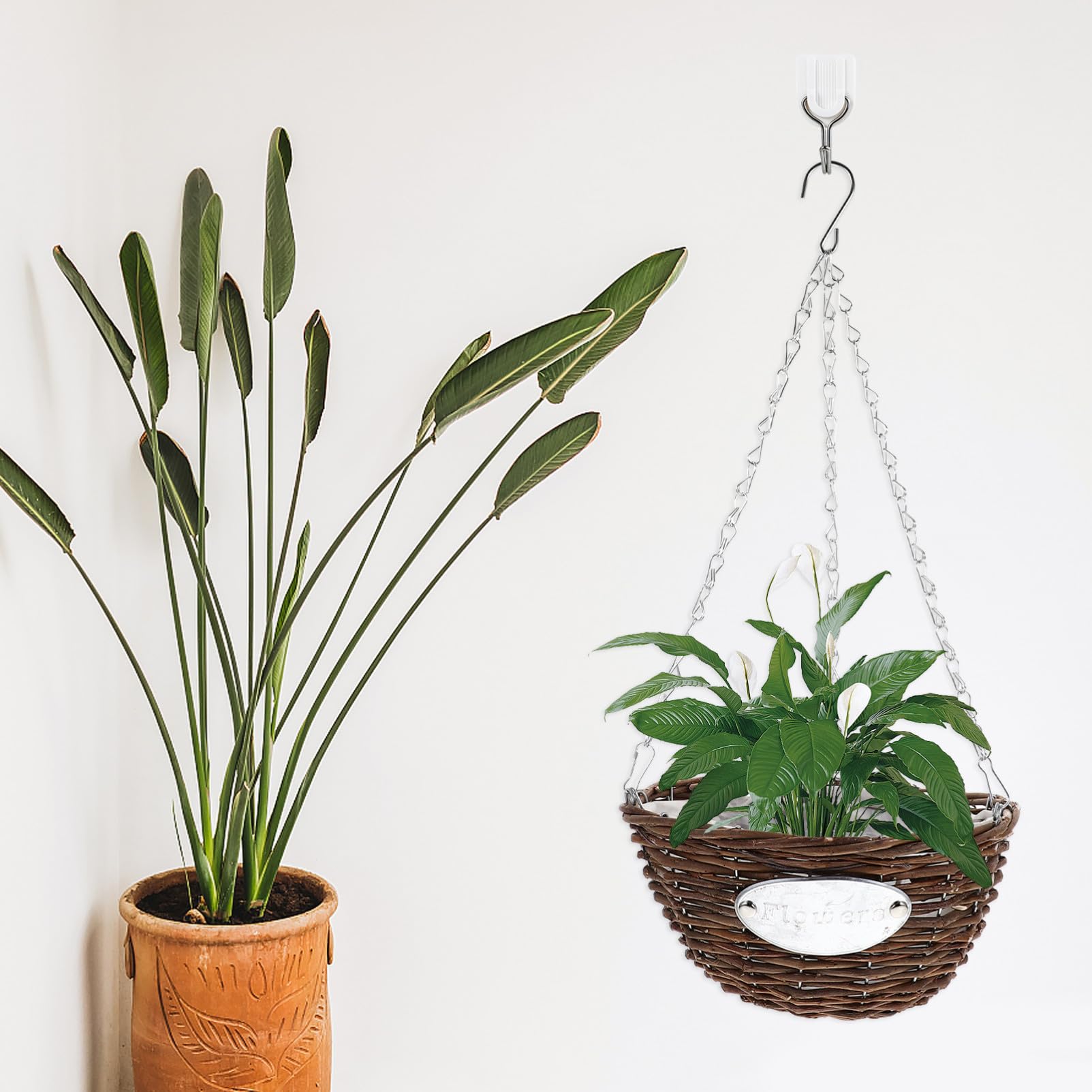 Fioriere Appese in Rattan e Metallo, Set 2 Vasi Sospesi 25 CM per Piante da Esterno e Interno, Cesto Medio per Balcone e Decorazioni Casa