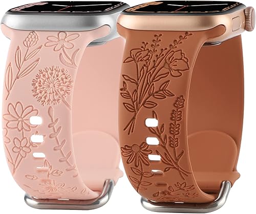 Correa de silicona grabada con flores compatible con correas de Apple Watch de 1.496, 1.575, 1.614 pulgadas, correa deportiva suave de repuesto para Correa de silicona grabada con flores compatible con correas de Apple Watch de 1.496, 1.575, 1.614 pulgadas, correa deportiva suave de repuesto para