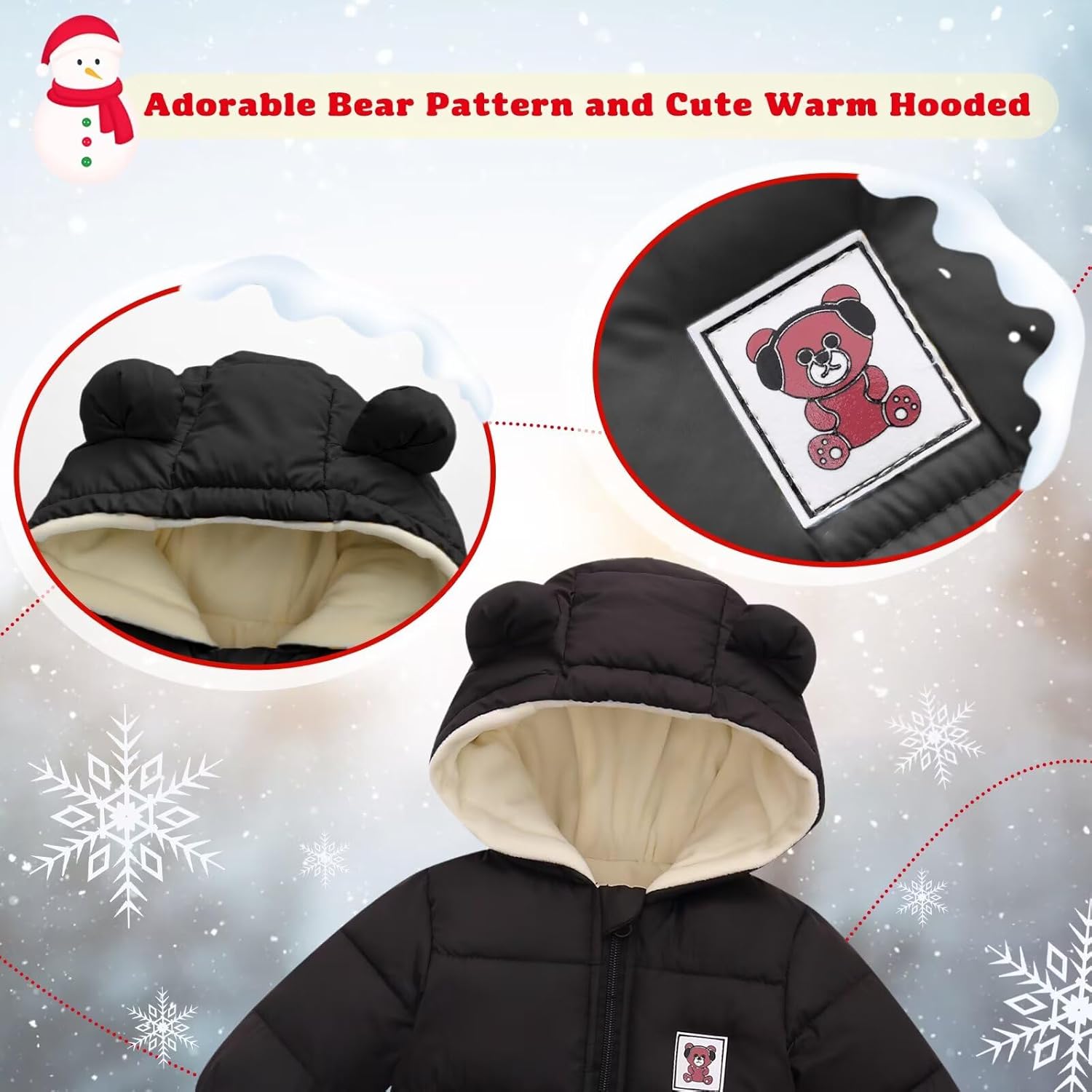 BYFRI Baby Boys Girls Snowsuit Newborn Cozy Winter Coat Infant Bear Hooded Jumpsuit Toddler Snow Outfit for 0-24 Months - Image 5