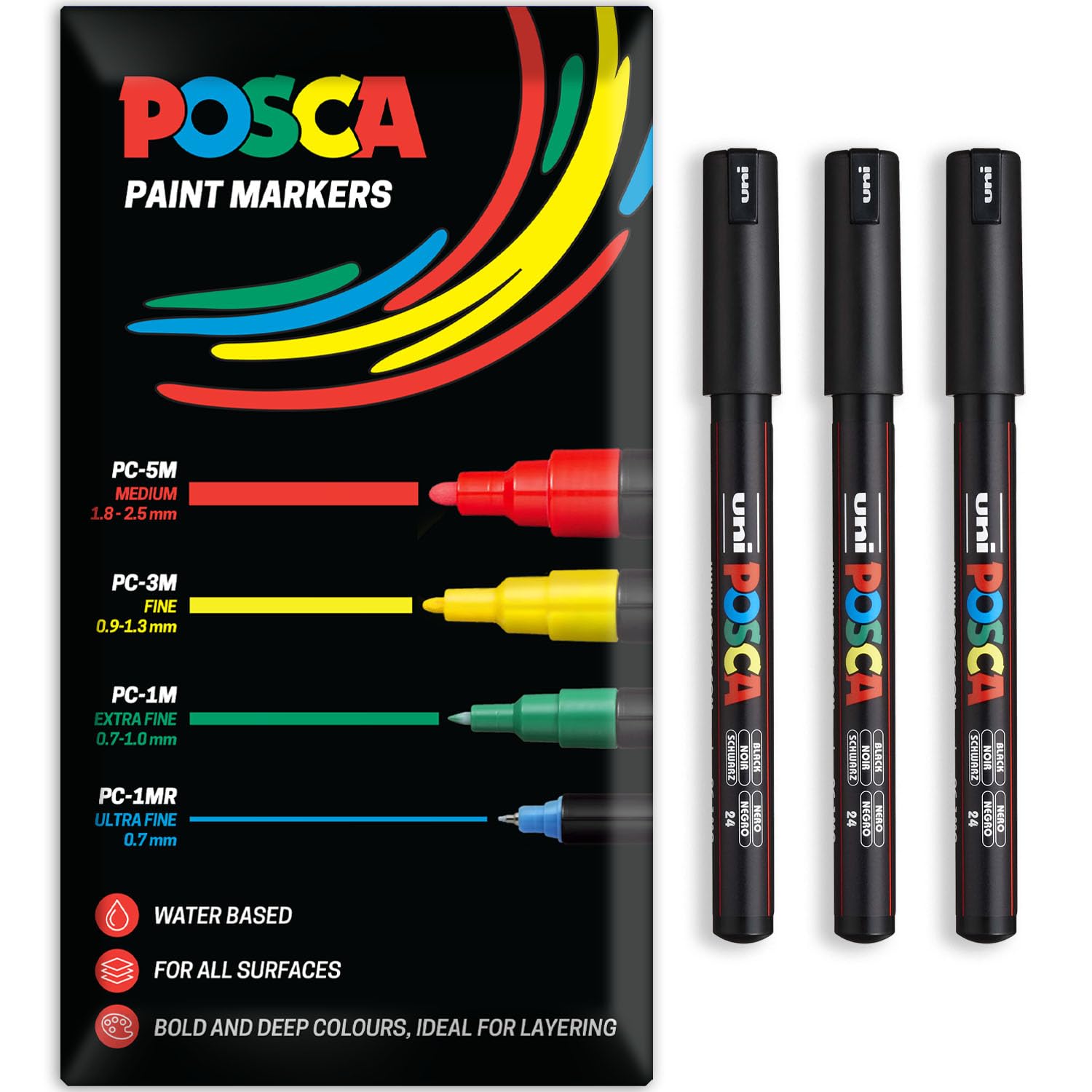 Posca Marker permanentny na bazie wody – zastosowanie na wielu powierzchniach – PC-1MR – opakowanie 3 długopisów w portfelu (Czarny)