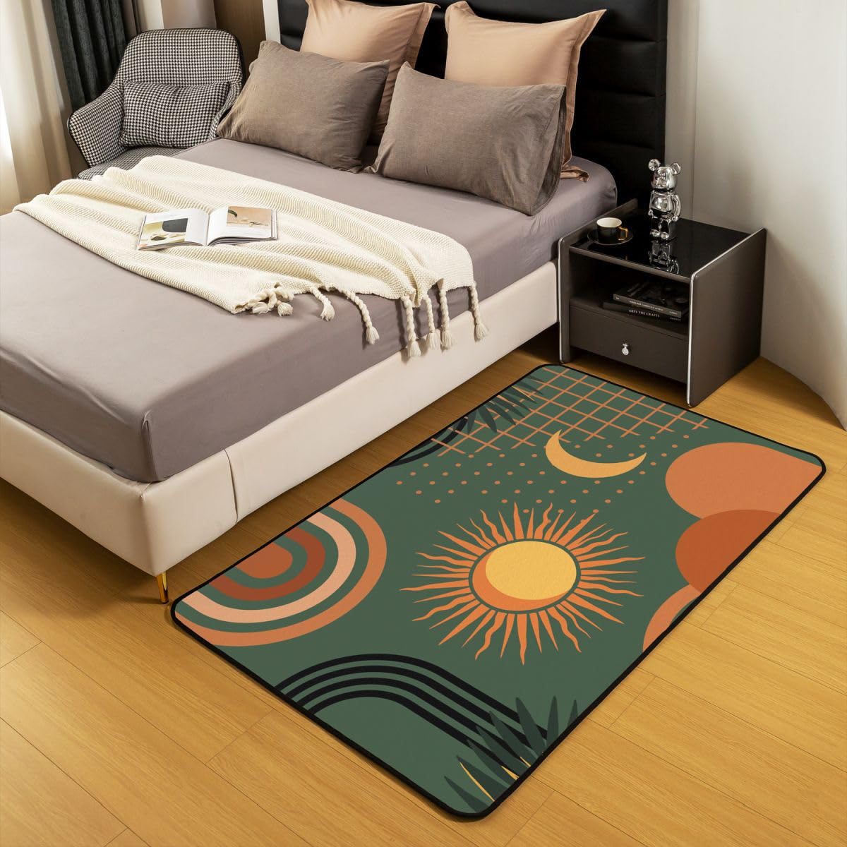 Homewish Geometryczny dywan z połowy wieku 150 x 200 cm do sypialni - słońce i księżyc boho geometryczne dywany salon boho abstrakcyjne linie nie gubi włosia dywan duże dywany