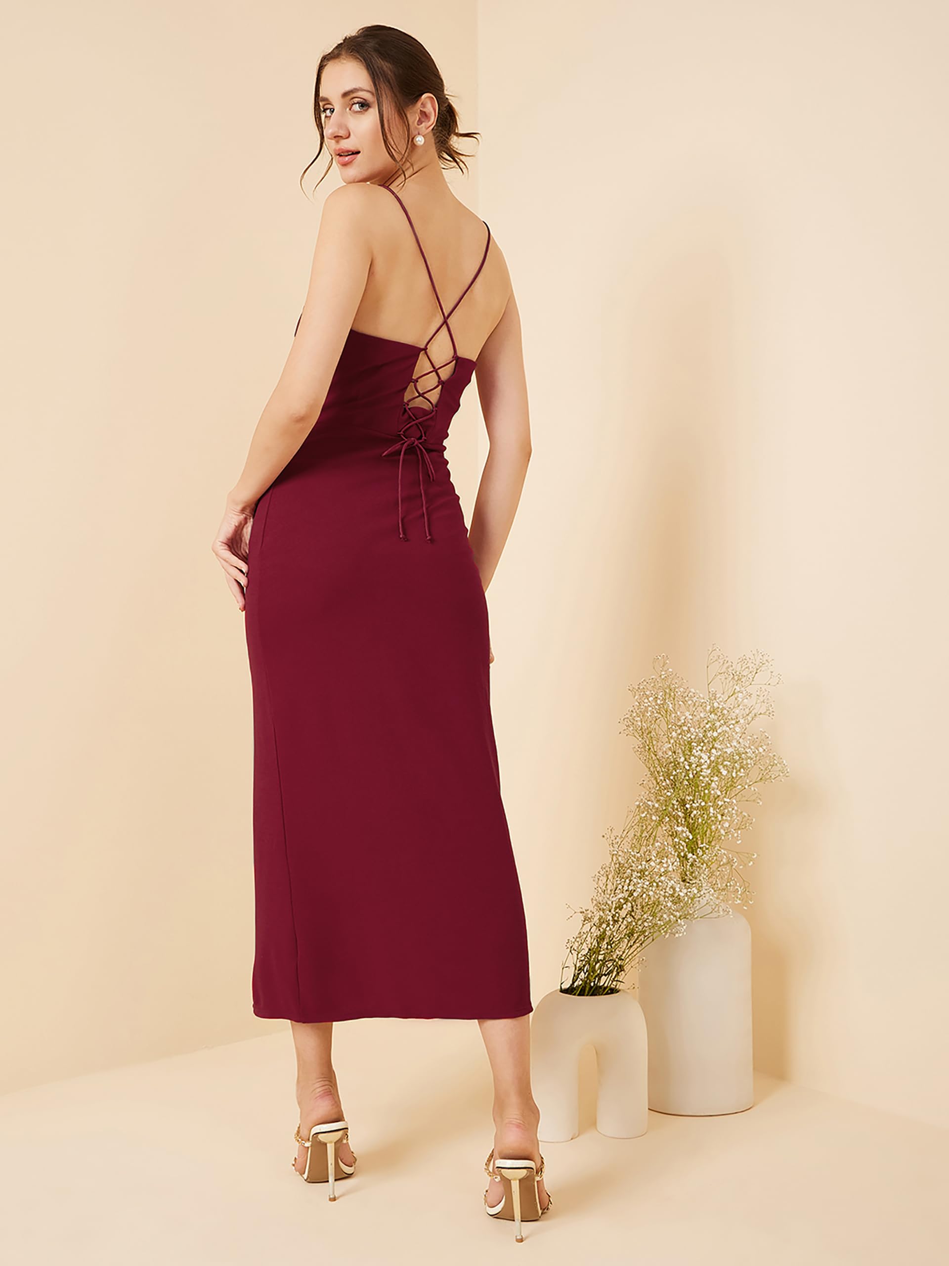 Rare Women's Spandex A-Line Midi Casual Dress (Ep8006B_Maroon_Xl)