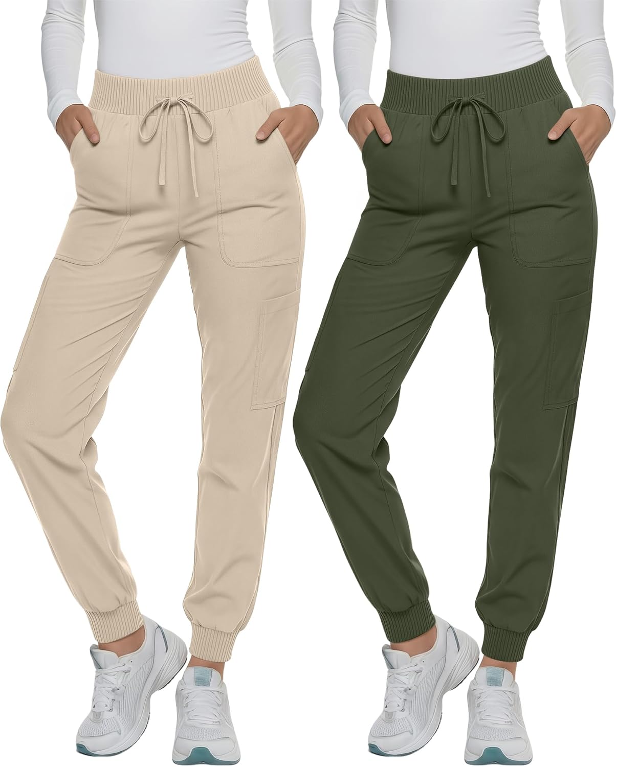 Sweetyweee 2 Pack Women's Scrub Pants Elastic Waist Cargo Joggers with 6 Pockets and Drawstring Casual Nurse Pants