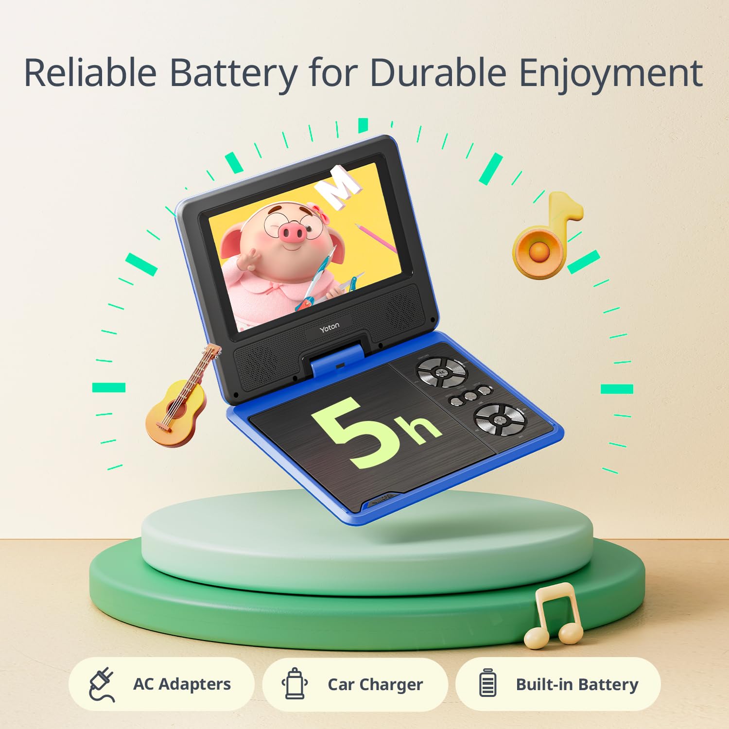 Yoton Lettore DVD portatile da 9,5 pollici per bambini e auto, schermo HD girevole da 7,5 pollici con 4-6 ore di batteria integrata, supporto schermo di sincronizzazione alla TV, supporto SD