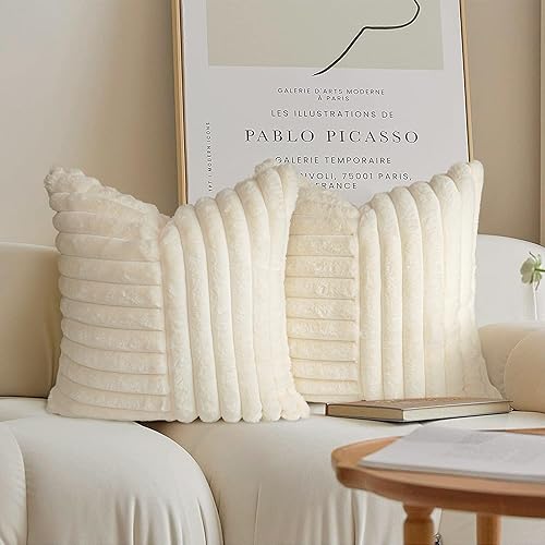 AELS Juego de 2 fundas de almohada de piel sintética suave a rayas de 20 x 20 pulgadas, fundas de almohada cuadradas de felpa decorativa para sofá,