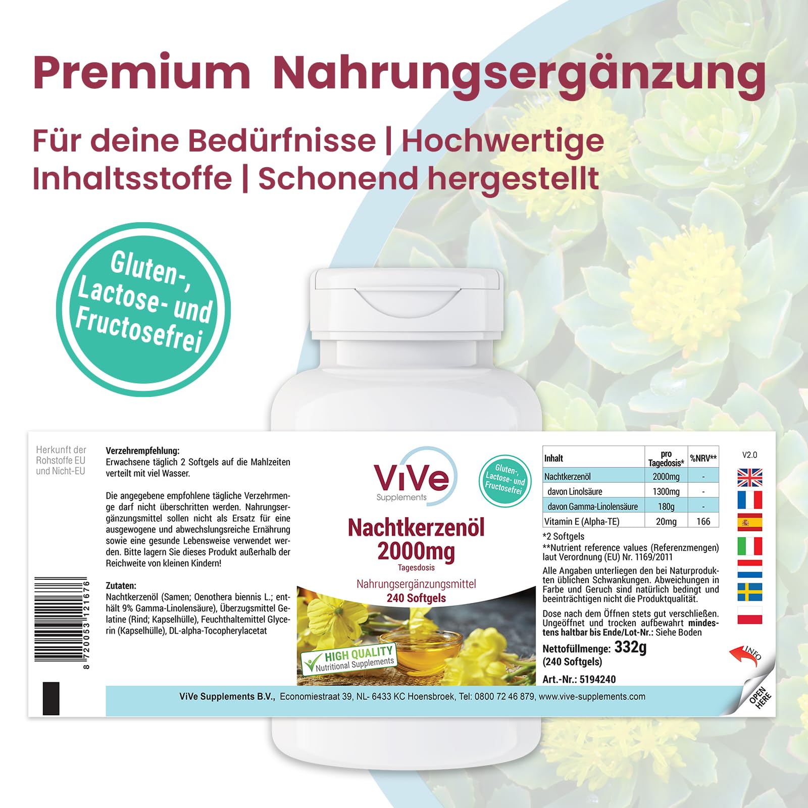 Nachtkerzenöl 2000mg - 240 Softgels -Linolsäuren + Vitamin E - Hochdosiert - Qualität aus Deutschland - ViVe Supplements