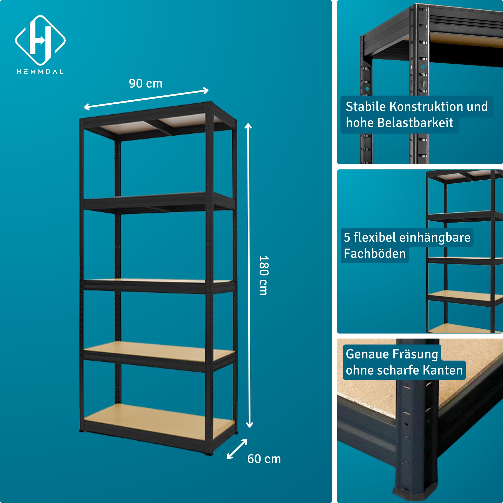 HEMMDAL Schwerlastregal Typ S+ - HxBxT 180 x 90 x 60 cm - Schwarz - 750 kg Tragkraft - Steckregal mit 5 Böden - 150 kg Fachlast - Made in EU - stabiles Metallregal - Lagerregal - Werkstattregal