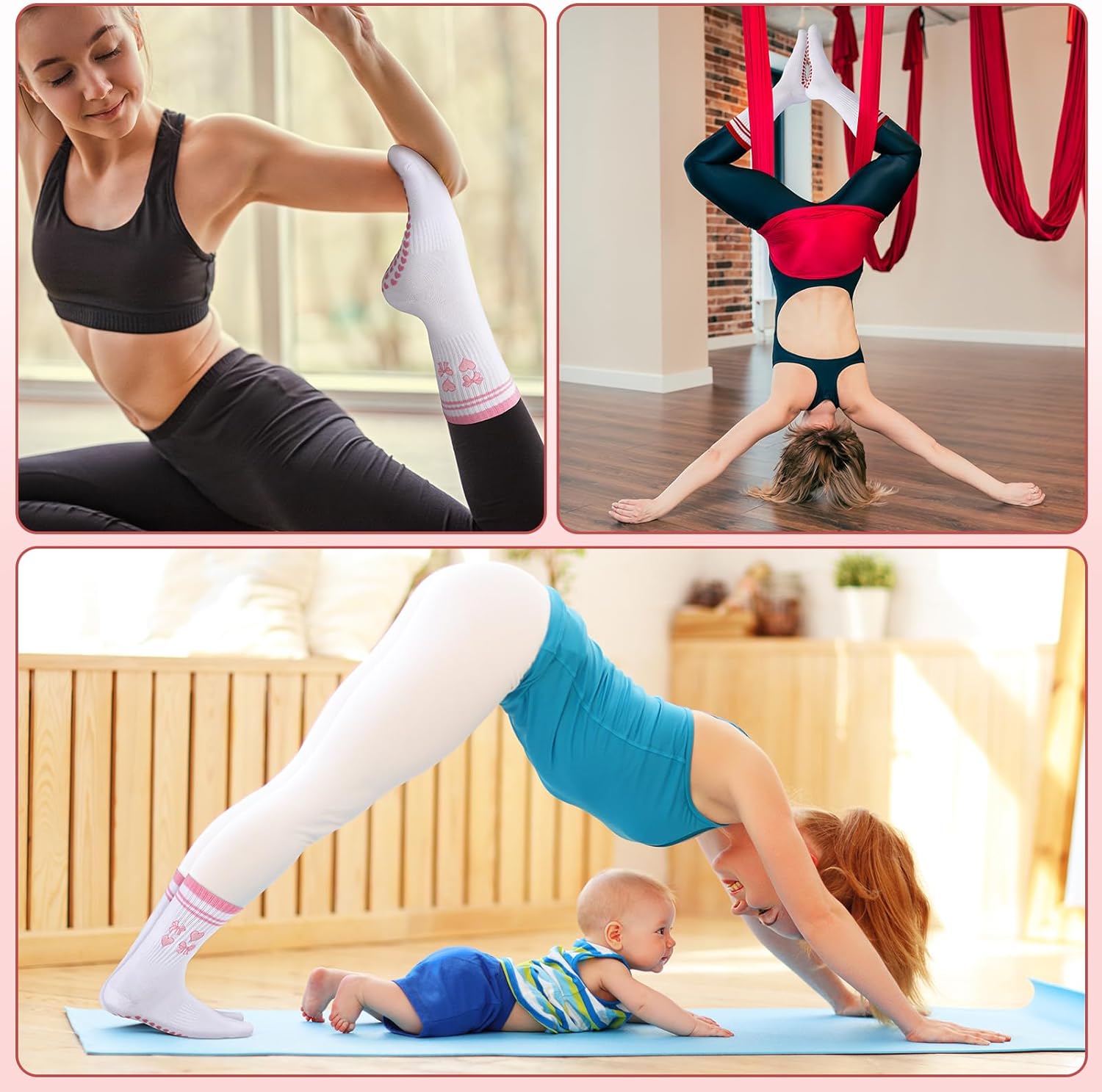 Jspupifip 2 Pairs Cherry Bow Pilates Socks with Grip for Women Embroidery Non Slip Yoga Socks for Barre Workout Hospital - Image 6