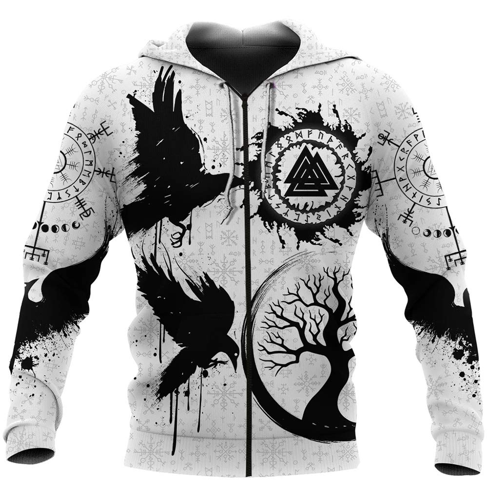 Sweat à capuche imprimé 3D viking blanc XL avec zip et motifs mythologiques
