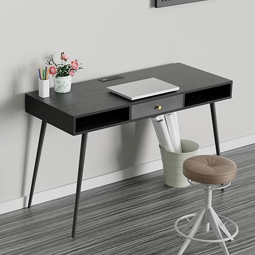 kevinplus Midcentury - Escritorio moderno para computadora de escritura resistente con puerto USB de carga y toma de corriente, escritorio para