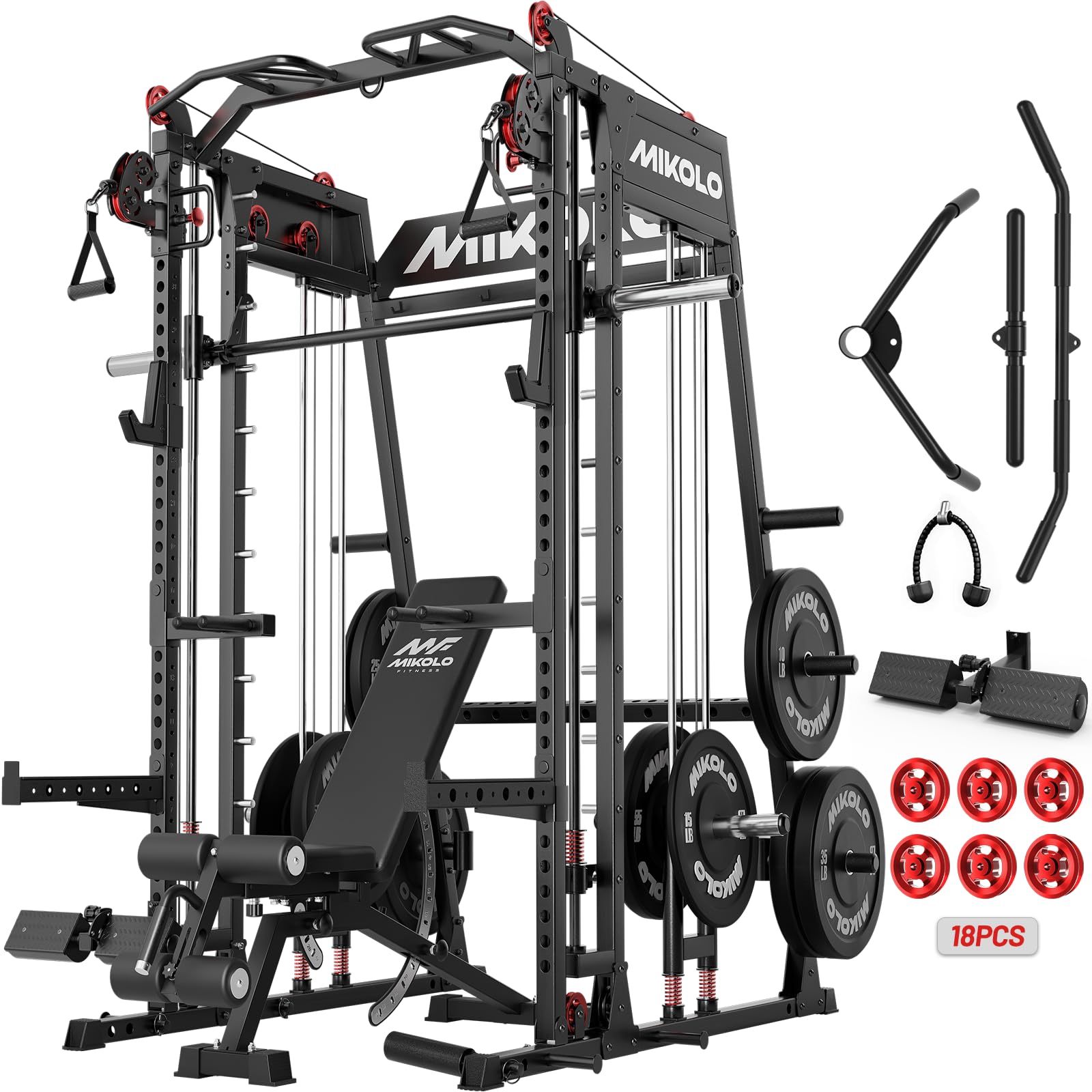 Mikolo M4 2.0 Smith Machine, 2200lbs Squat Rack with LAT-Pull Down System &amp; Cable Crossover Machine, Training Equipment with Leg Hold-Down Attachment