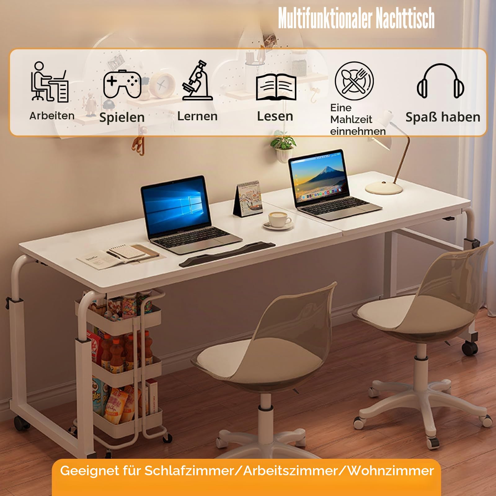 Überbetttisch Mit Rollen, Betttisch Verstellbarer Höhe Länge Mobiler Schreibtisch Über-Betttisch Beistelltische Fürs Wohnzimmer Drehbarer Laptopständer Für Bett Sofa Büro 120 * 40CM Weiß