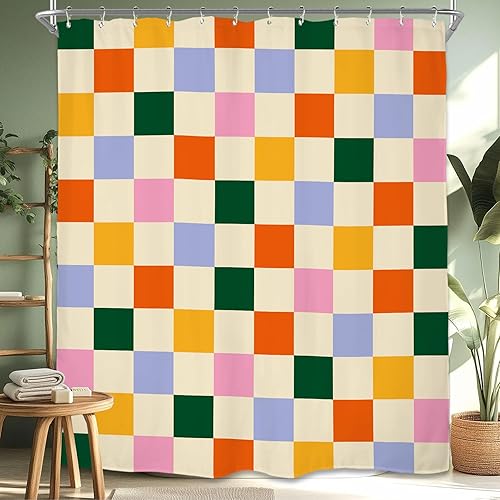 Miniatura 30 de Miyotaa Juego de cortina de ducha retro a cuadros de 60 pulgadas de ancho x 71 pulgadas de alto, 70, colorido, estético, moderno, pastel, Y2K,