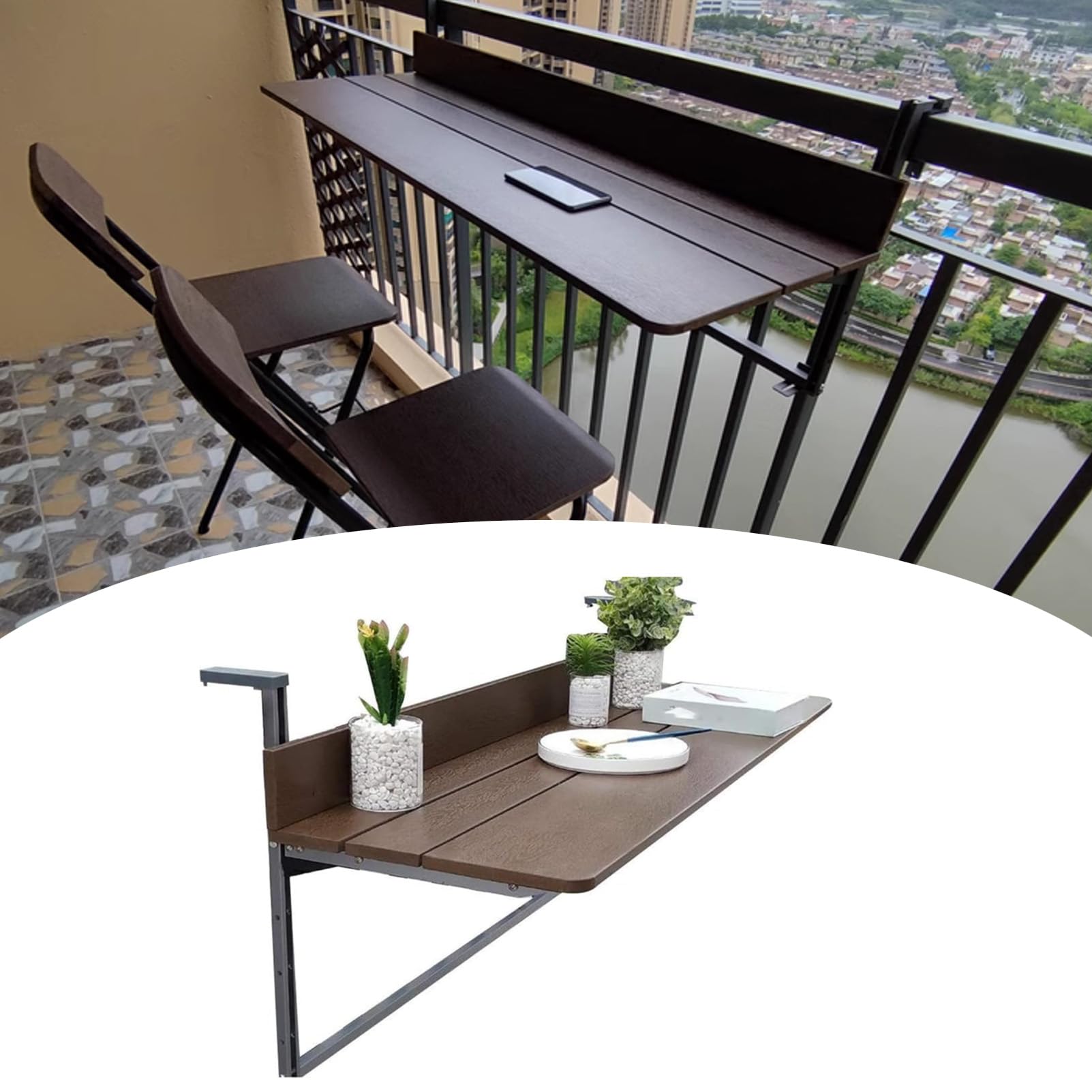 Mesa plegable de barandilla de pared, escritorio colgante para balcón, jardín, plástico con aspecto de madera, aluminio, comedor, barra de comedor, soporte para macetas