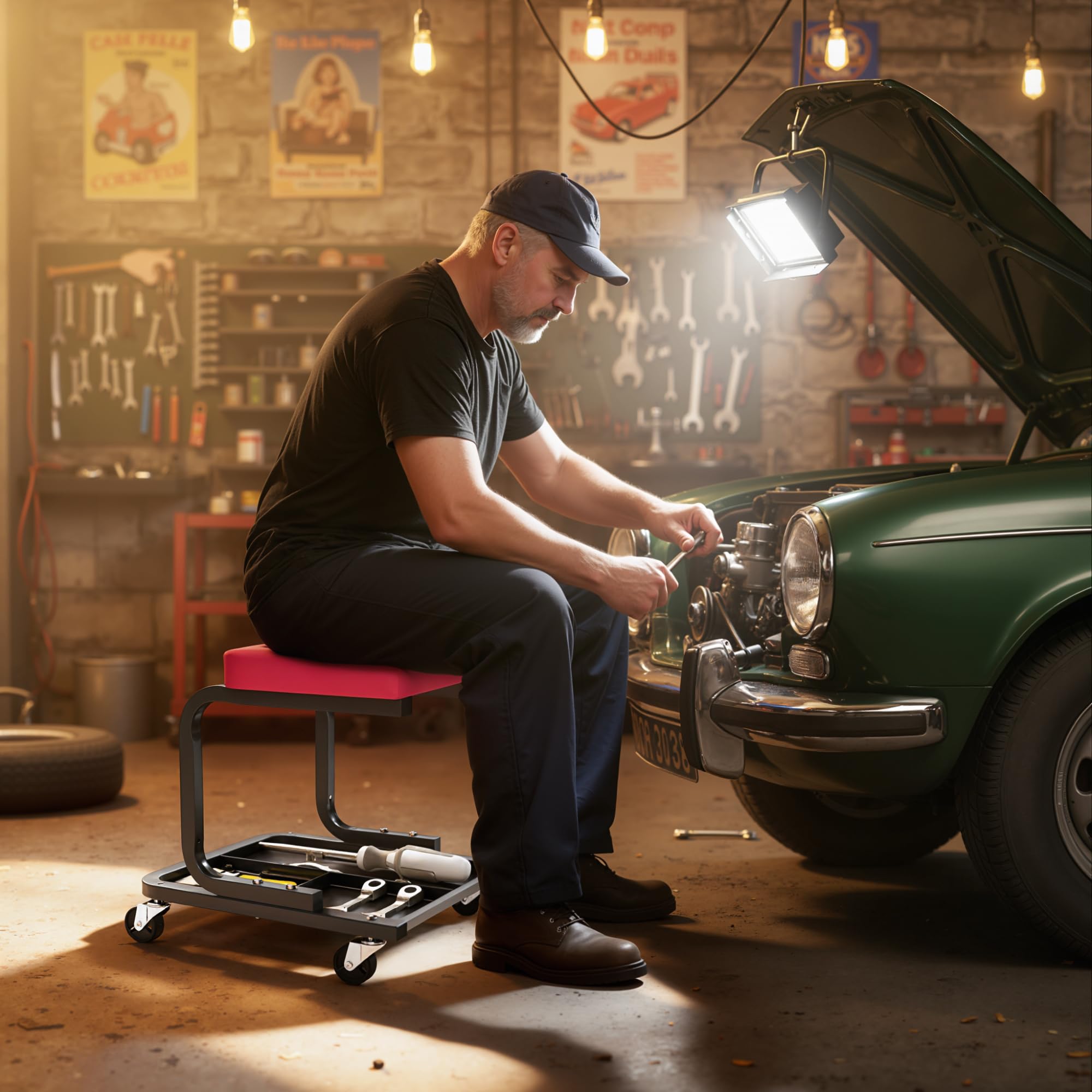 HOMCOM Tabouret de Mécanicien Tabouret d'Atelier Mobile Plateau à Outils | Charge 135 kg, Siège d'Atelier avec Roulettes Lisses Pivotant à 360°, pour Entretien, Réparation Automobile, Garage