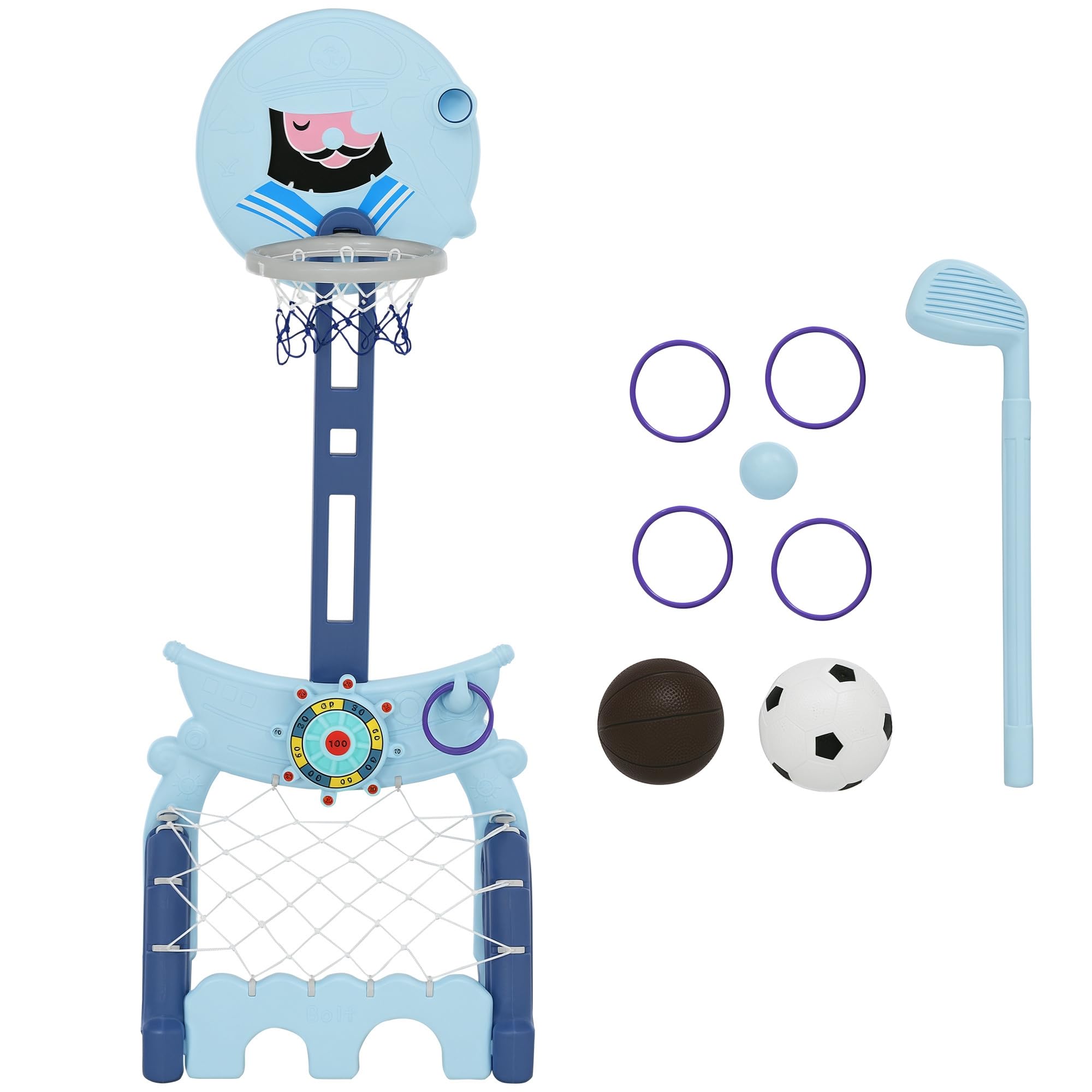 HOMCOM Canasta de Baloncesto con Soporte 4 en 1 Juego de Golf Balón de Fútbol con Altura Ajustable Centro de Actividades para Niños de +3 Años 58x56x154 cm Azul