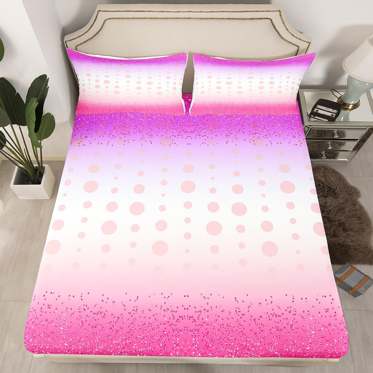 Manfei Rose Red Glitter Kids Fitted Sheet Single Size, Pink and Purple Bedding Set for Girls Teens Adults Bedroom Decor, Modern Abstract Bed Cover with 1 Pillowcase, Soft Polyester Bedding