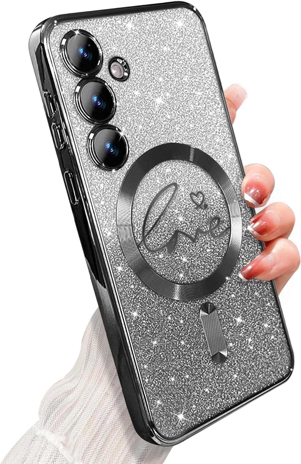 for Samsung Galaxy S24 Plus Case Magnetic,for Women Girl Soft Cute Luxury Love Heart Plating Bling Glitter Gradient Clear Phone Case Compatible with MagSafe Shockproof Back Cover 6.7”-Black Samsung Galaxy S24 Plus Black