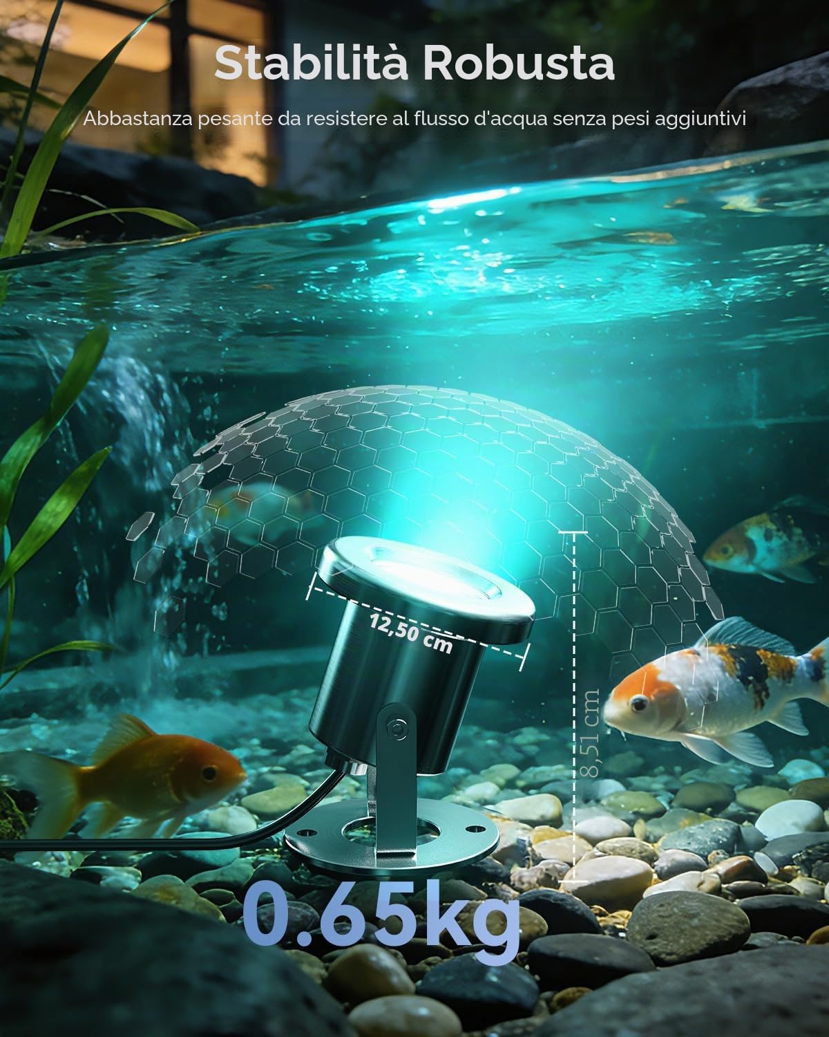 Luci per Laghetto Acciaio Inossidabile SS316, 6W Faretti per Laghetto con Cavo 9,5M e 12V Trasformatore, RGB Luci Laghetto Immersione per Laghetti da Giardino, Ruscelli, Stagni Koi, Cascate