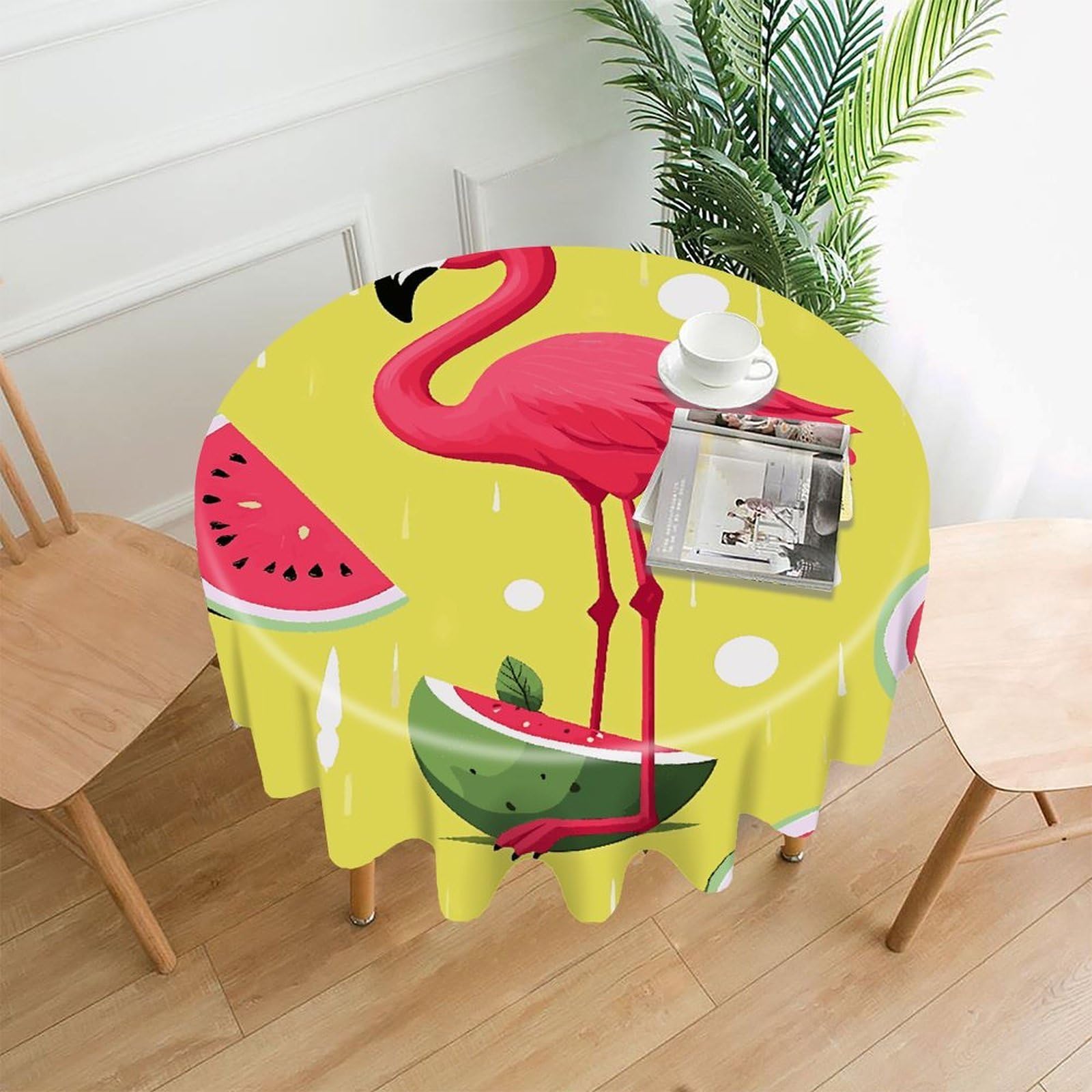 FekiLoot Pink Flamingo and Watermelon Round Tablecloth Cover 60 Inch Wrinkle Free Washable Polyester Fabric Table Cover Decorative Round Table Cloth for Home Dining Kitchen Party Farmhouse
