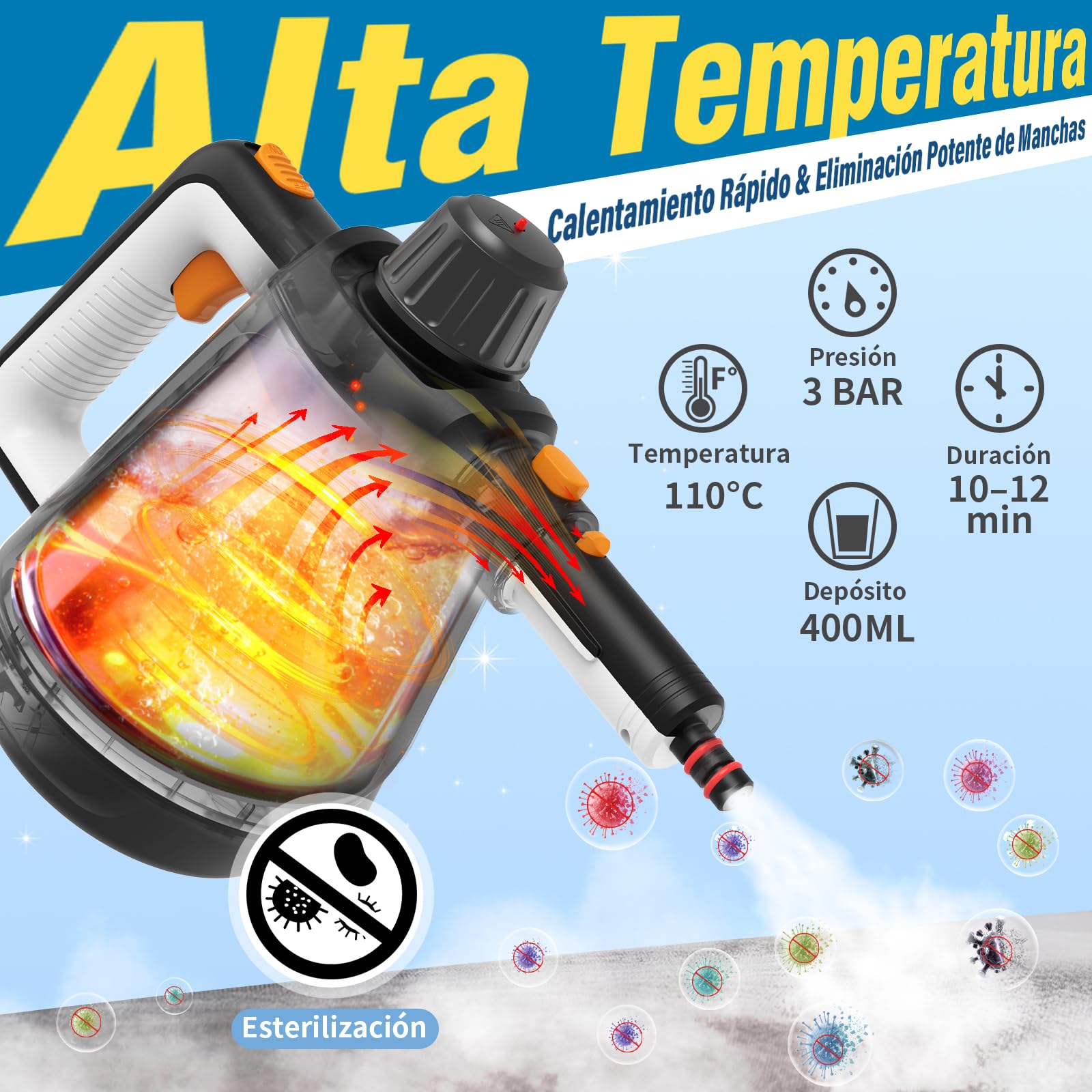 Vaporeta de Mano, 110℃ Limpiador a Vapor para una Limpieza Eficiente, Versátil Vaporeta con 10 Accesorios y Cable de 5m, Steam Cleaner para Sofás, Alfombras, Juntas, Limpieza sin Químicos (Blanco) — view 2