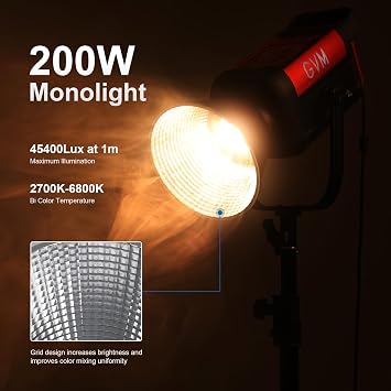 GVM 200W LED Video Light, 2700K-6800K Continuous Output Lighting LED COB Light with DMX/Bluetooth App Control, YouTube Studio Light for Film Recording Photography, CRI 97+