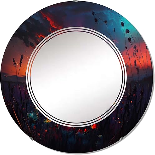 DesignQ Flowerful Countryroad at Sunset I- Vanity Mirror, Bathroom Mirrors, Wall Mirrors for Living Room, Bedroom - Round Mirror - Large 24'x24',