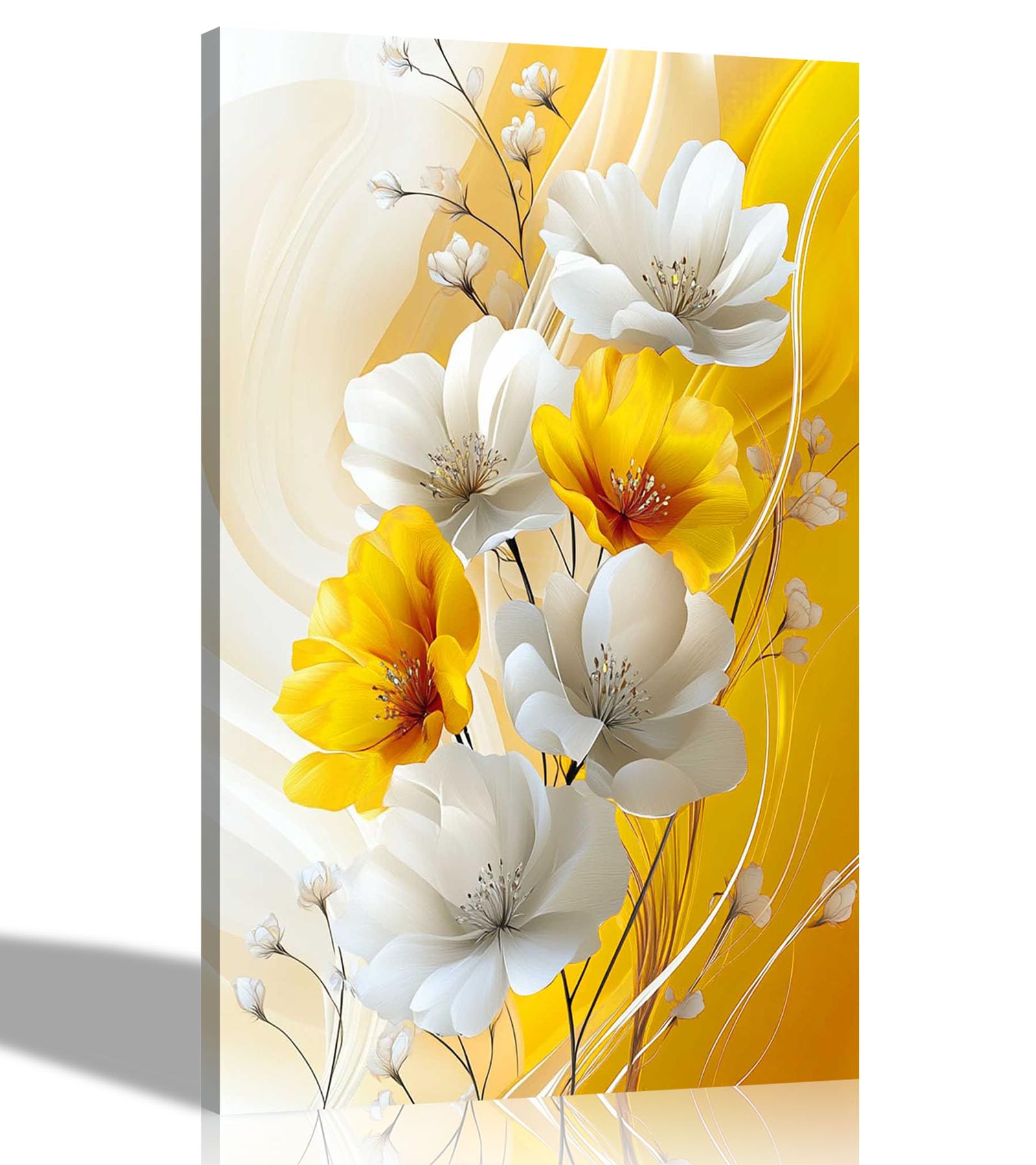 Artley Prints Abstract Flower Yellow White - Yellow White Abstract Flowers Framed Canvas Wall Pictures Flower Print For Living Room Décor Home Conservatory Decoration 60 X 40Cm (24 X 16 Inches) A2