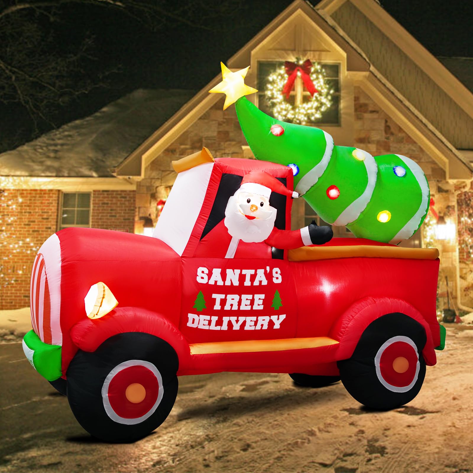 7.5Ft Long Christmas Inflatable Car Decorations Outdoor Santa Drives Truck with Christmas Tree, Blow up with LED Lights for Indoor Outdoor Home Yard Lawn Garden Decoration